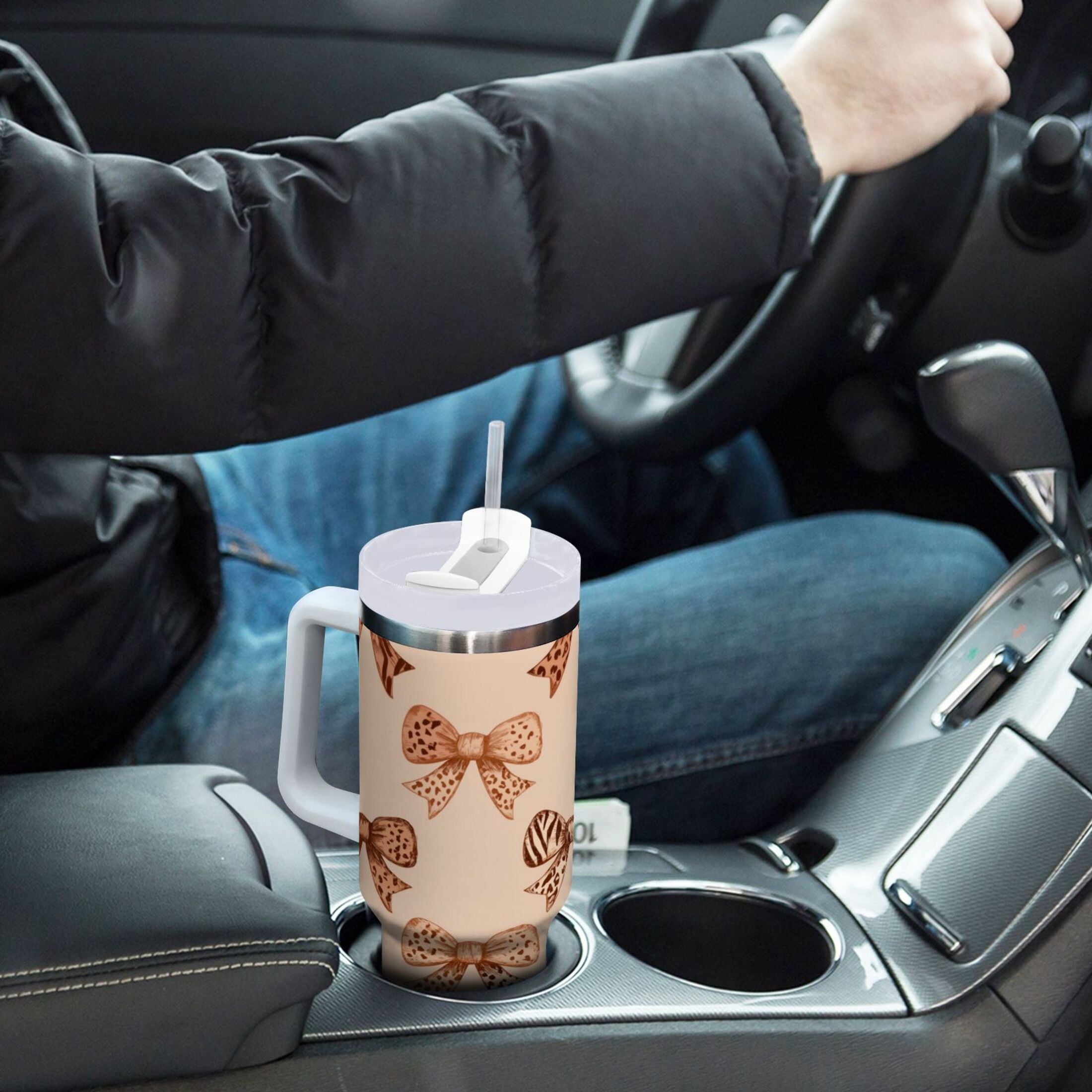 40 oz Insulated Stainless Steel Tumbler Double Wall Stainless Steel Tumbler with 2-Way Drinking Leopard Print Bow - Pick 924