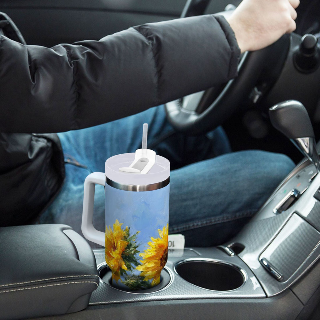 40 oz Insulated Stainless Steel Tumbler Double Wall Stainless Steel Tumbler with 2-Way Drinking Sunflowers Painting - Pick 809