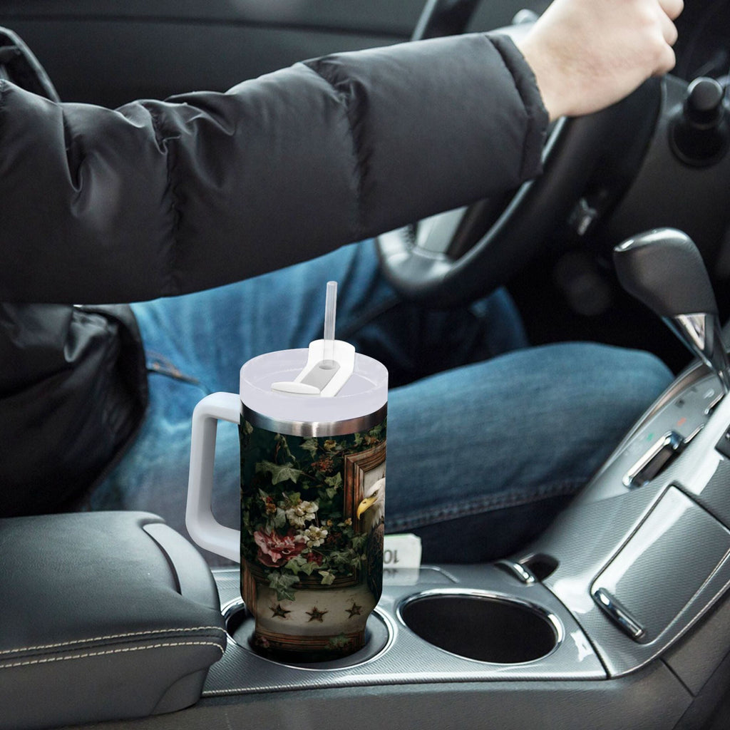 30 oz Insulated Stainless Steel Tumbler Double Wall Stainless Steel Tumbler with 2-Way Drinking Wreath and Bald Eagle - Pick 452