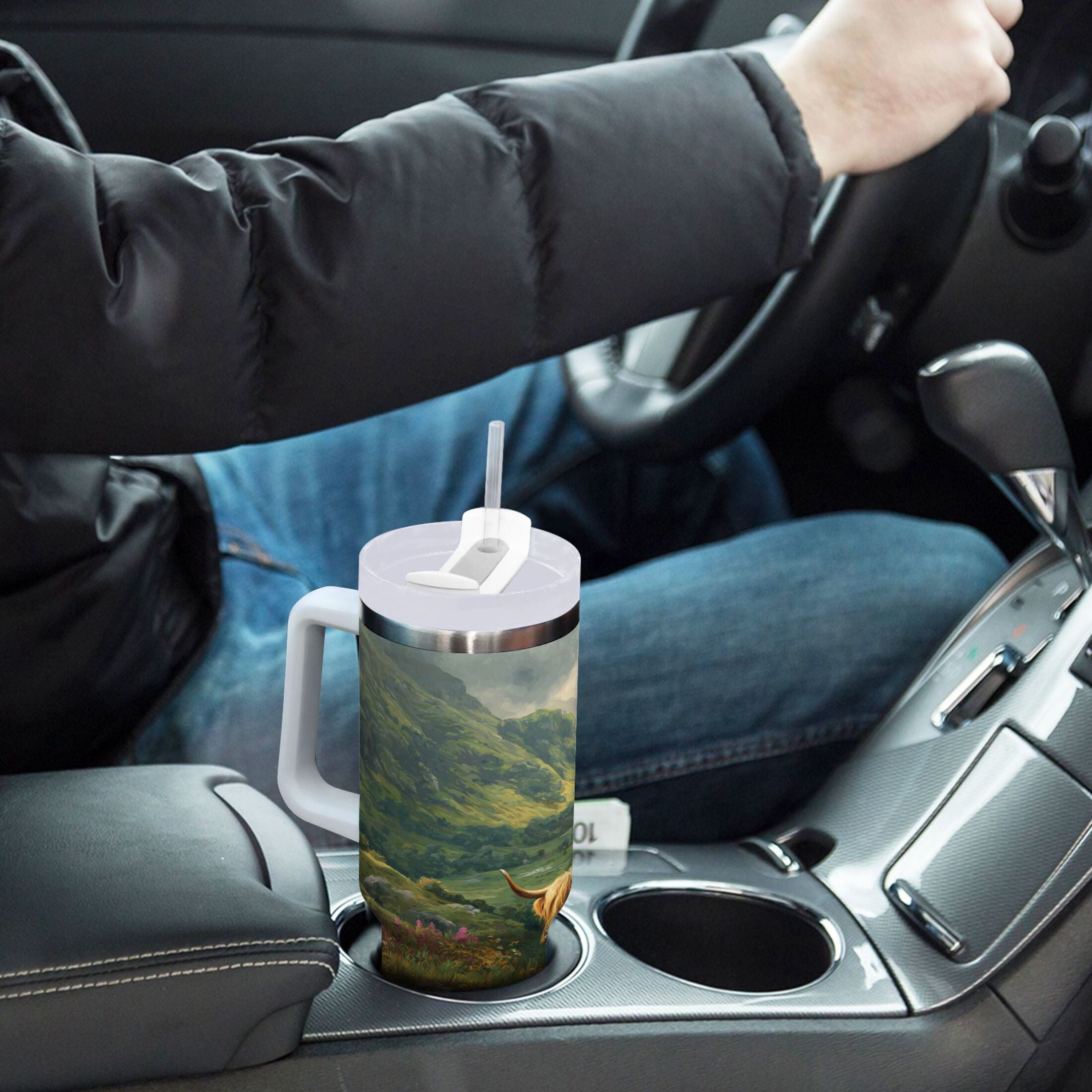 30 oz Insulated Stainless Steel Tumbler Double Wall Stainless Steel Tumbler with 2-Way Drinking Cow in Green Rolling Hills - Pick 393