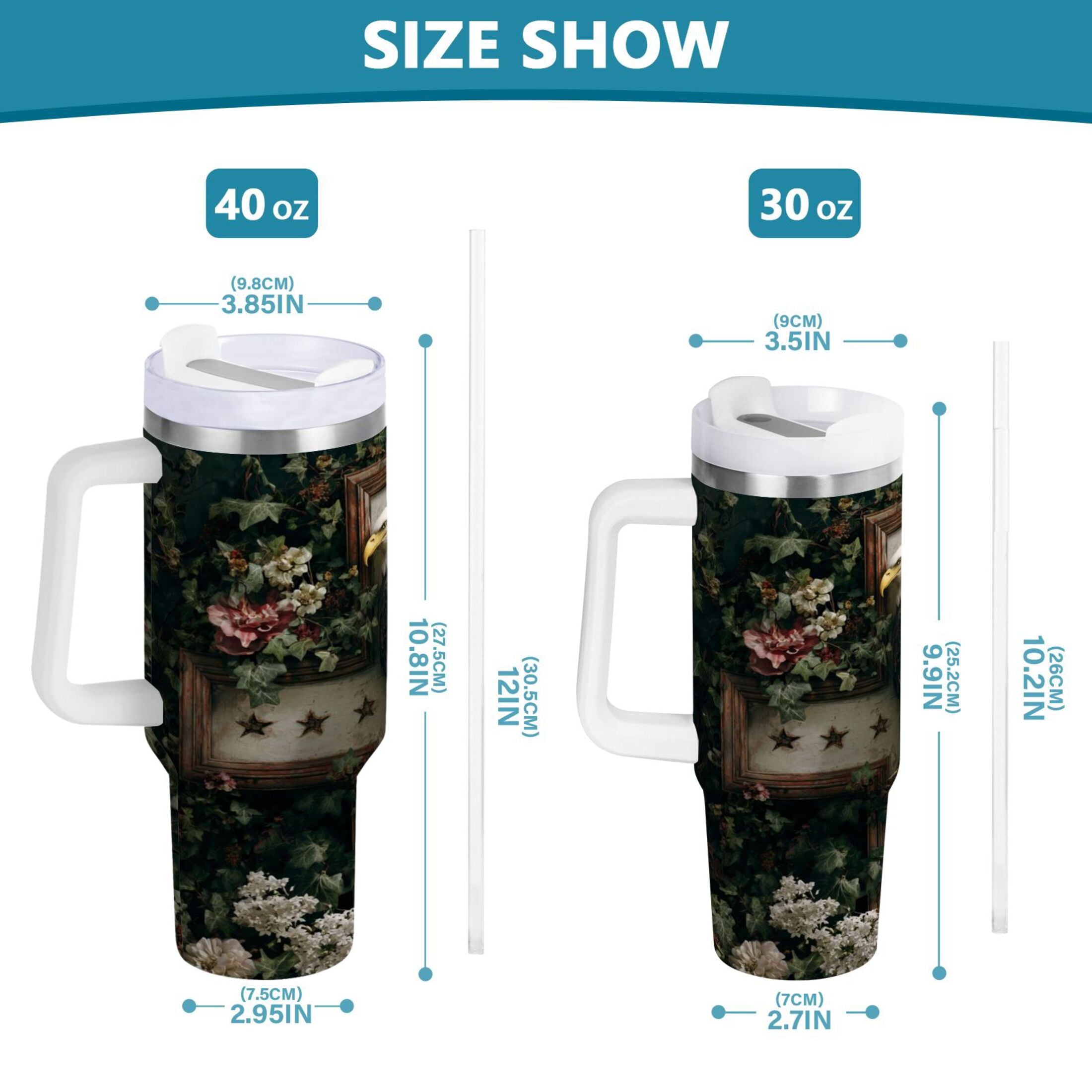 30 oz Insulated Stainless Steel Tumbler Double Wall Stainless Steel Tumbler with 2-Way Drinking Wreath and Bald Eagle - Pick 452