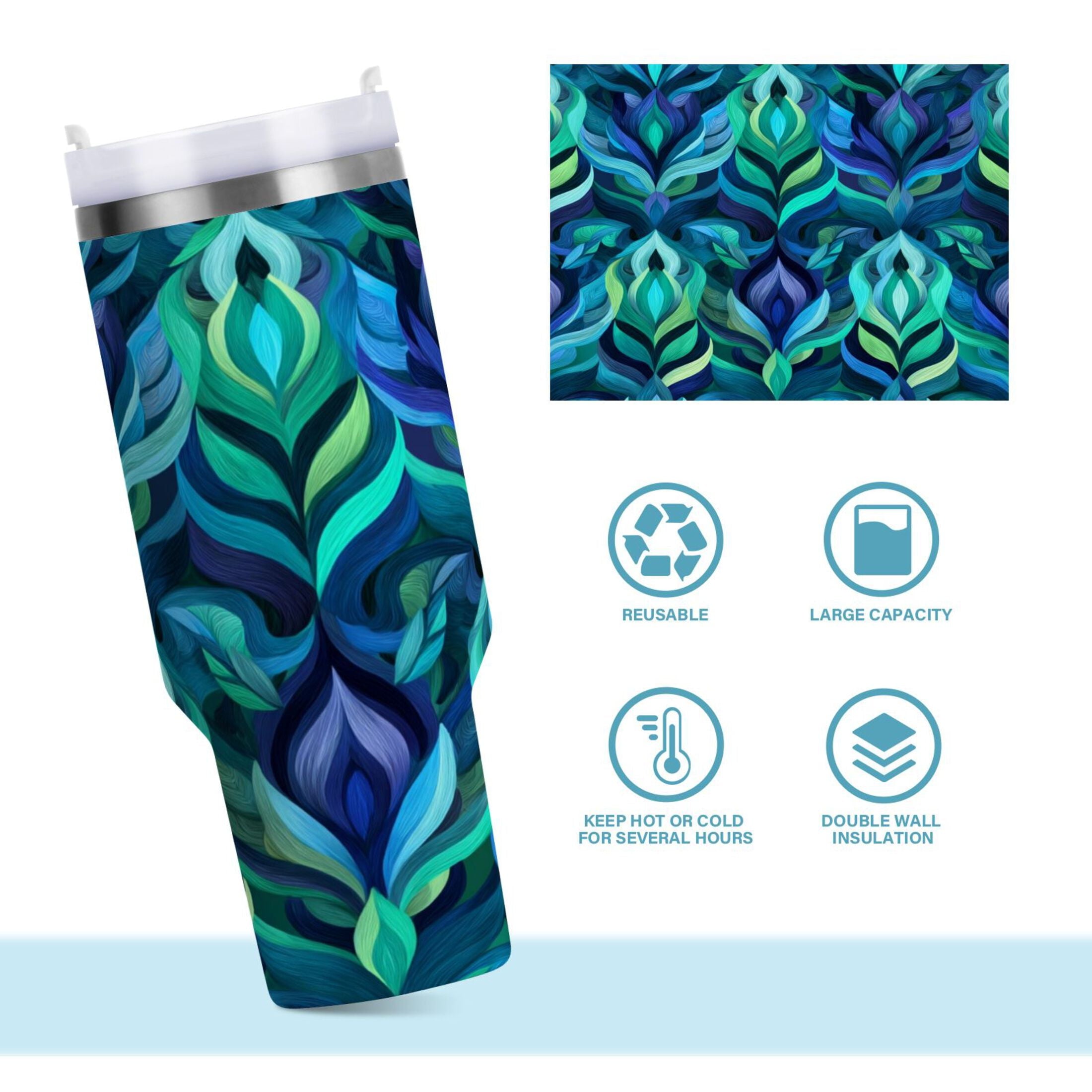 40 oz Insulated Stainless Steel Tumbler Double Wall Stainless Steel Tumbler with 2-Way Drinking Elegant Blue Abstract Shapes - Pick 410
