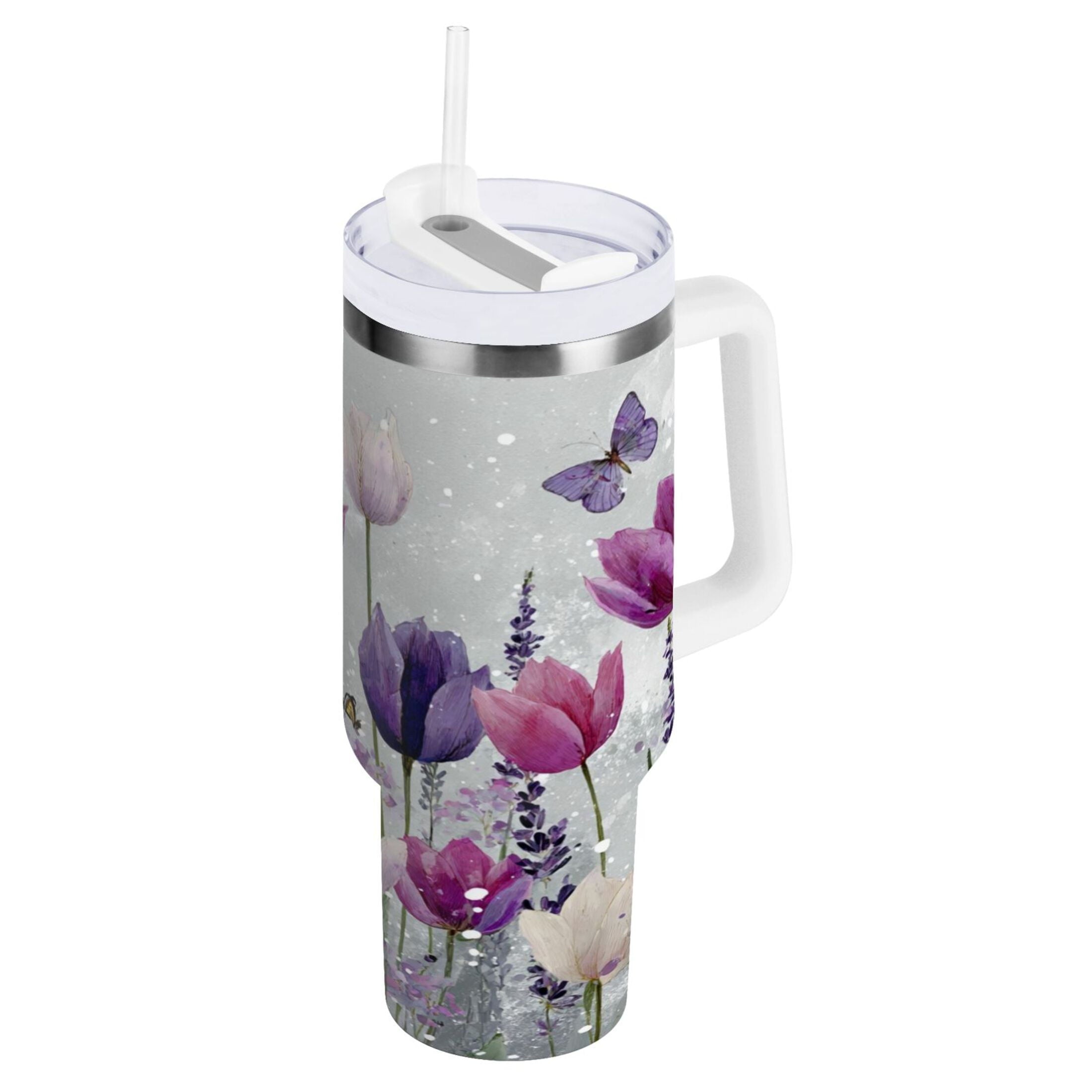 40 oz Insulated Stainless Steel Tumbler Double Wall Stainless Steel Tumbler with 2-Way Drinking Colorful Tulips and Lavender - Pick 874