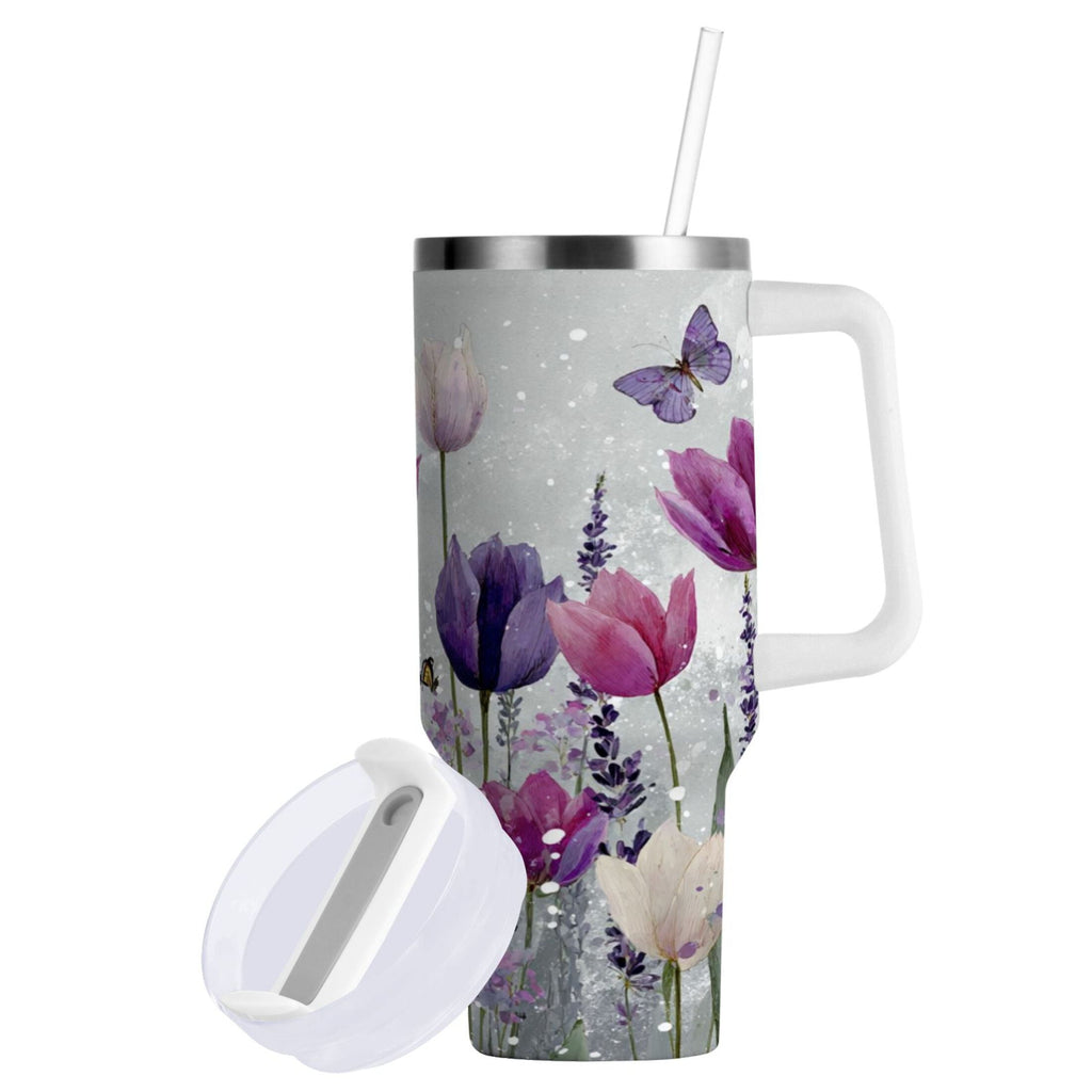 40 oz Insulated Stainless Steel Tumbler Double Wall Stainless Steel Tumbler with 2-Way Drinking Colorful Tulips and Lavender - Pick 874