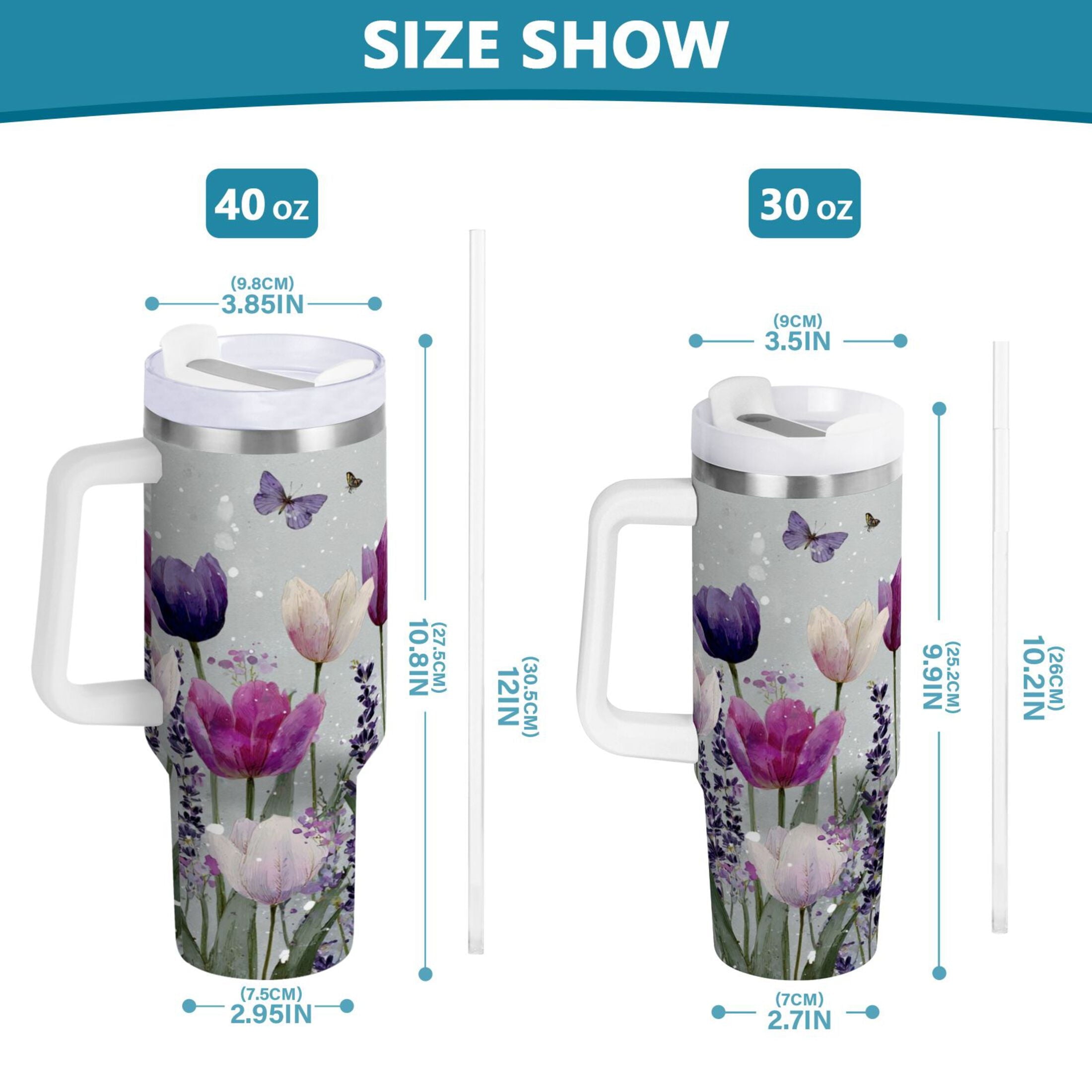 40 oz Insulated Stainless Steel Tumbler Double Wall Stainless Steel Tumbler with 2-Way Drinking Colorful Tulips and Lavender - Pick 874