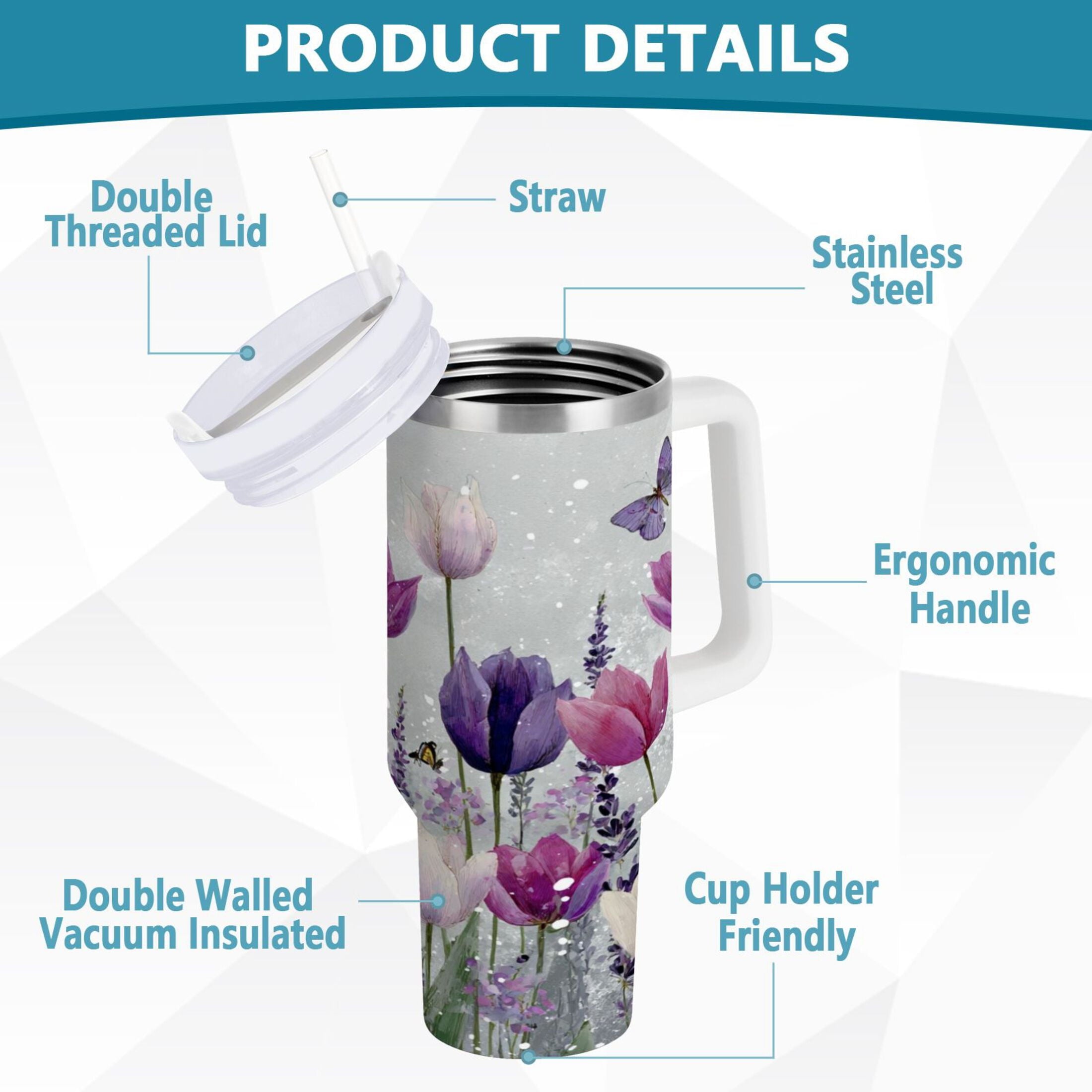 40 oz Insulated Stainless Steel Tumbler Double Wall Stainless Steel Tumbler with 2-Way Drinking Colorful Tulips and Lavender - Pick 874