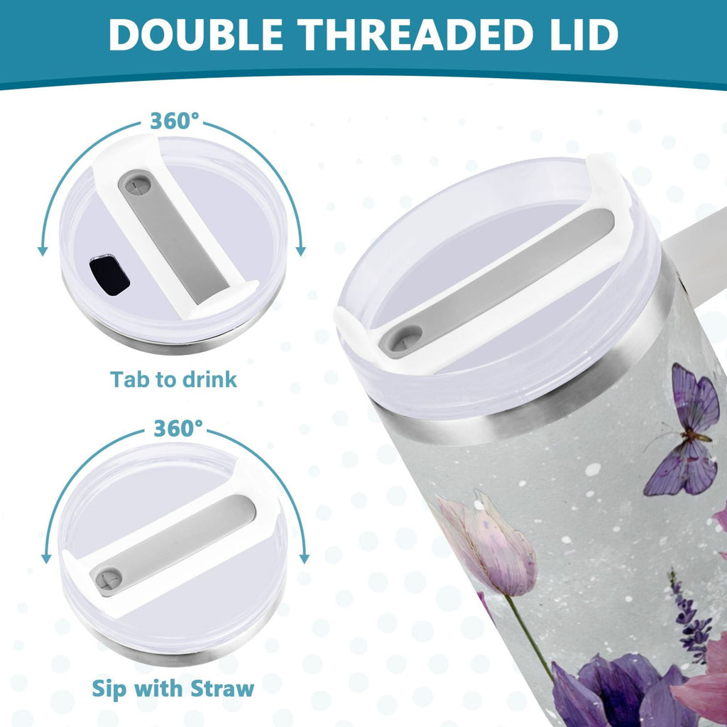 40 oz Insulated Stainless Steel Tumbler Double Wall Stainless Steel Tumbler with 2-Way Drinking Colorful Tulips and Lavender - Pick 874