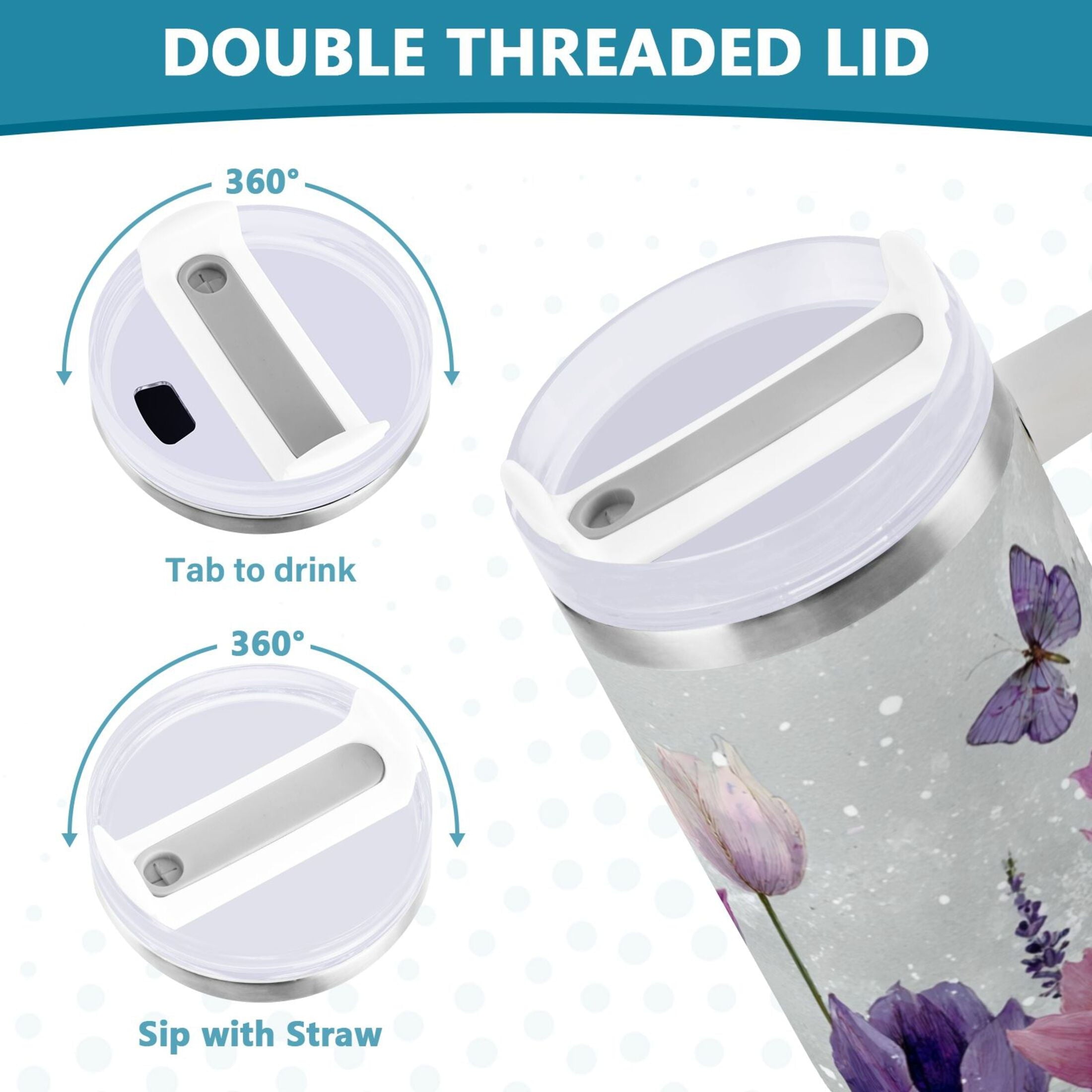 40 oz Insulated Stainless Steel Tumbler Double Wall Stainless Steel Tumbler with 2-Way Drinking Colorful Tulips and Lavender - Pick 874