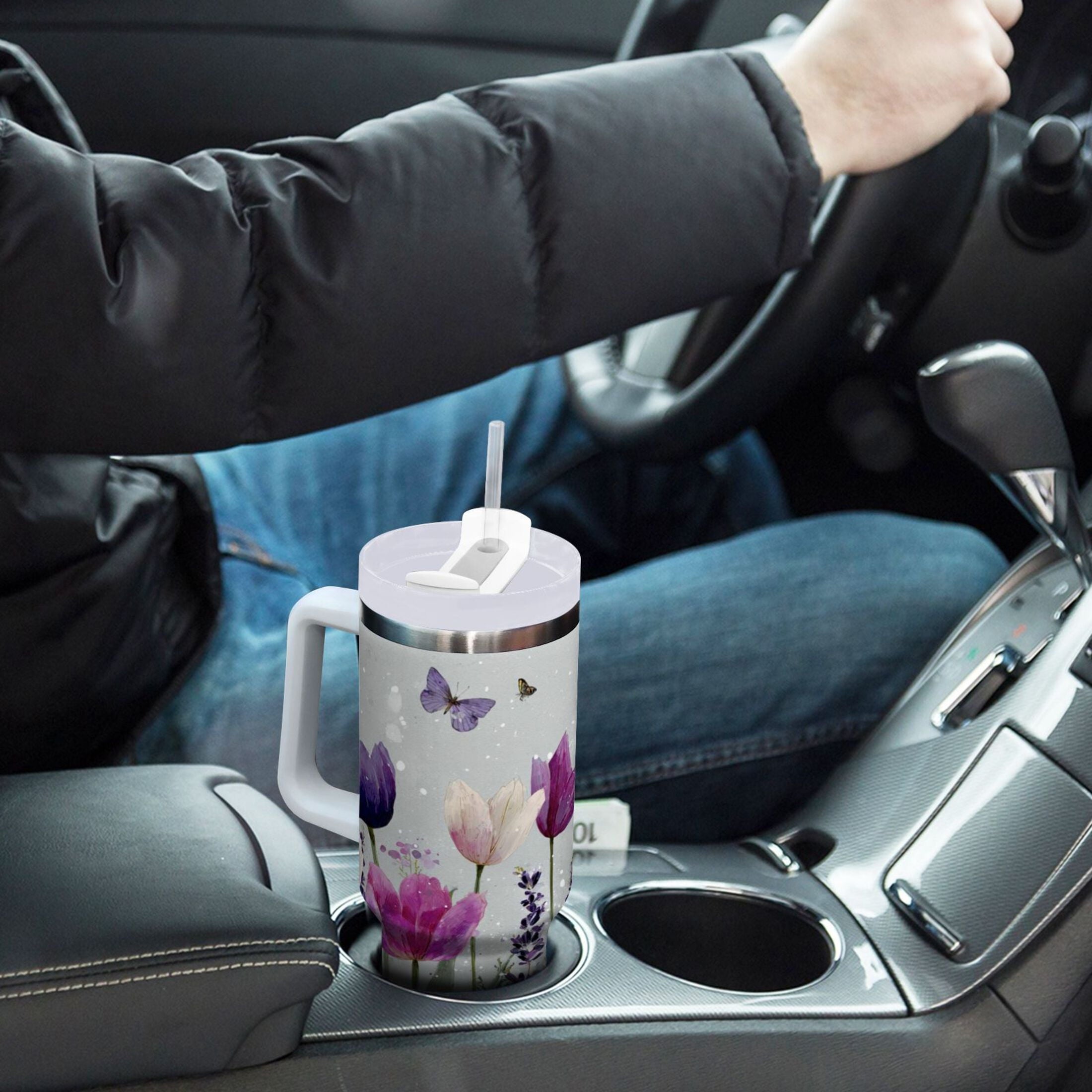 40 oz Insulated Stainless Steel Tumbler Double Wall Stainless Steel Tumbler with 2-Way Drinking Colorful Tulips and Lavender - Pick 874