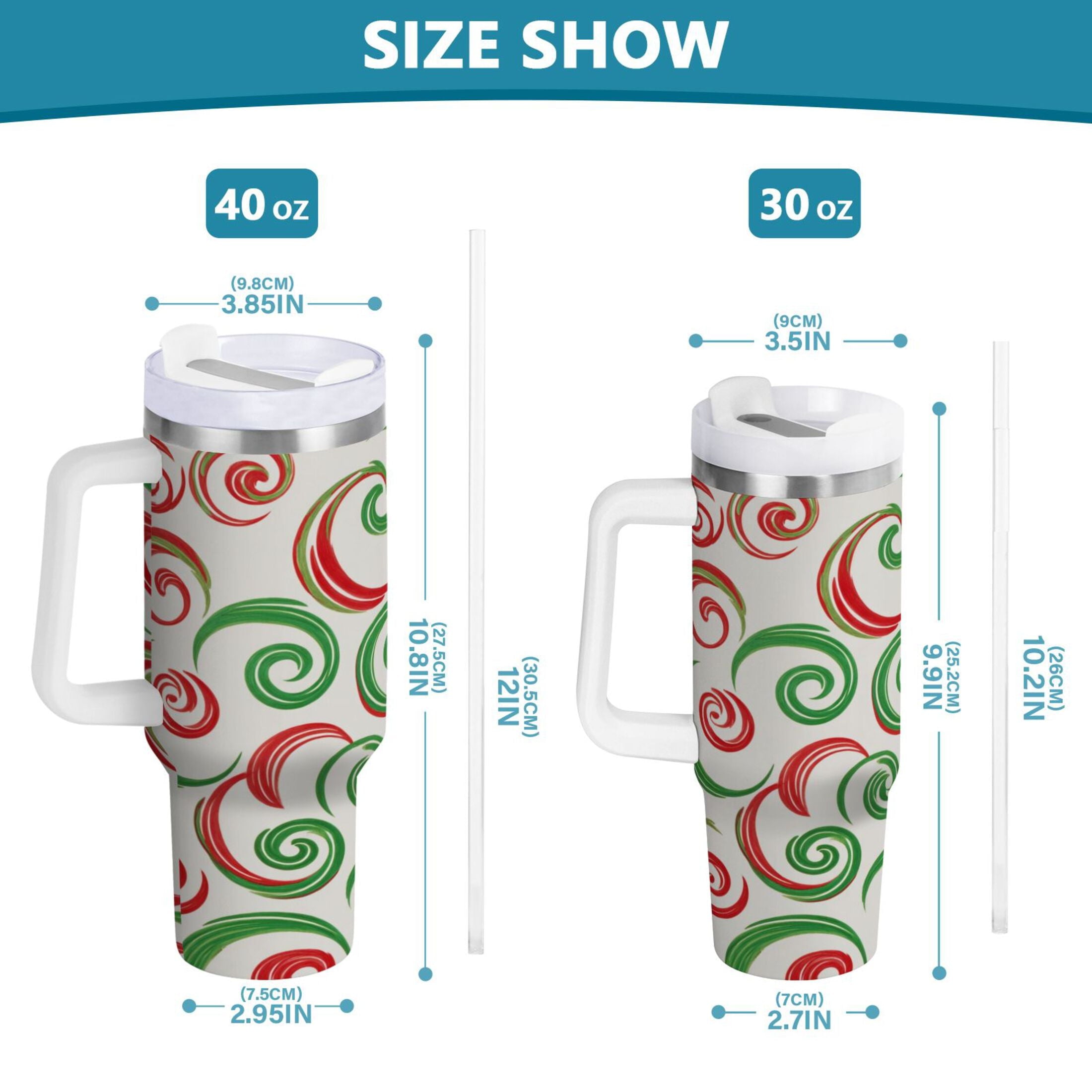 40 oz Insulated Stainless Steel Tumbler Double Wall Stainless Steel Tumbler with 2-Way Drinking Red and Green Swirls - Pick 387
