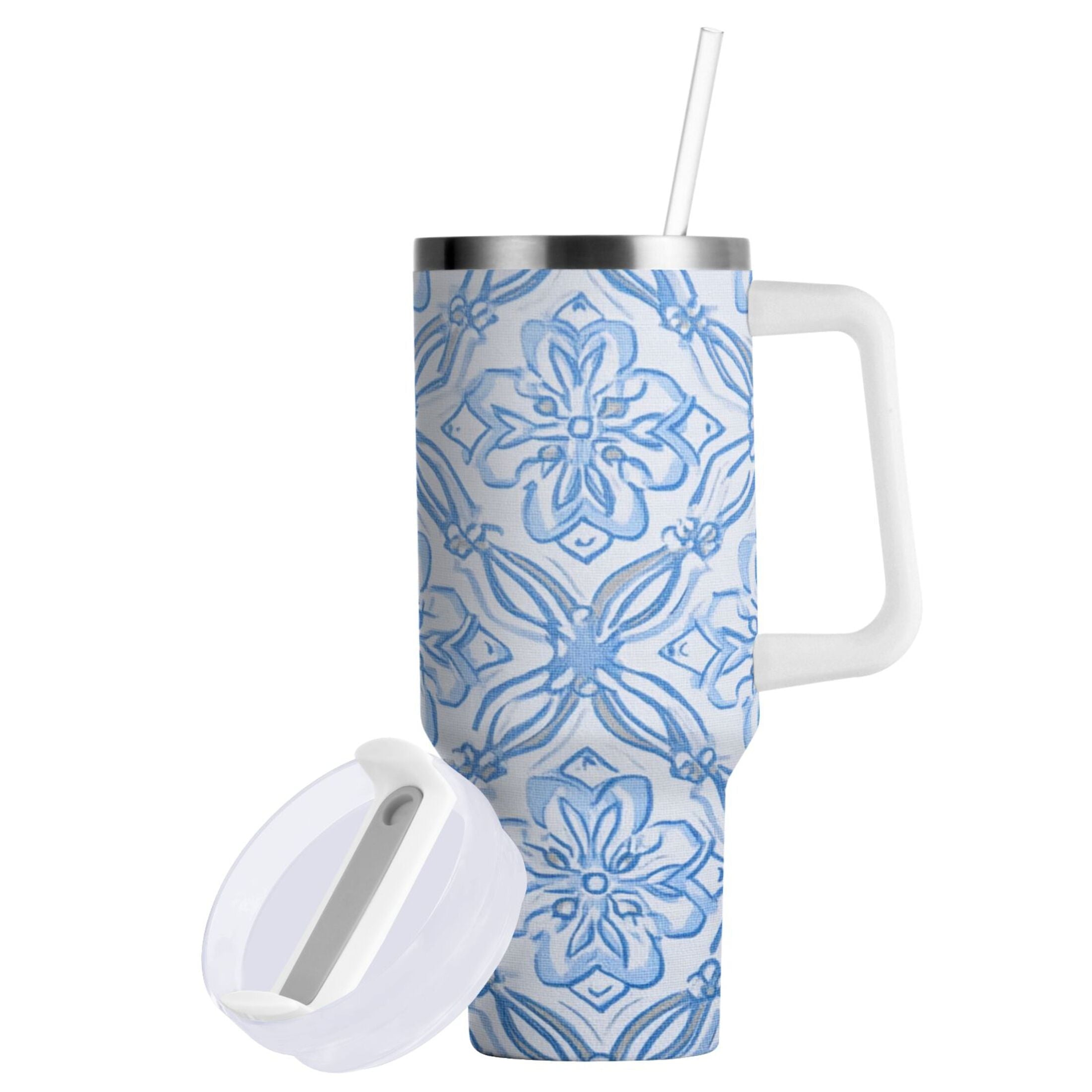 30 oz Insulated Stainless Steel Tumbler Double Wall Stainless Steel Tumbler with 2-Way Drinking Blue Elegant Geometric Design - Pick 988