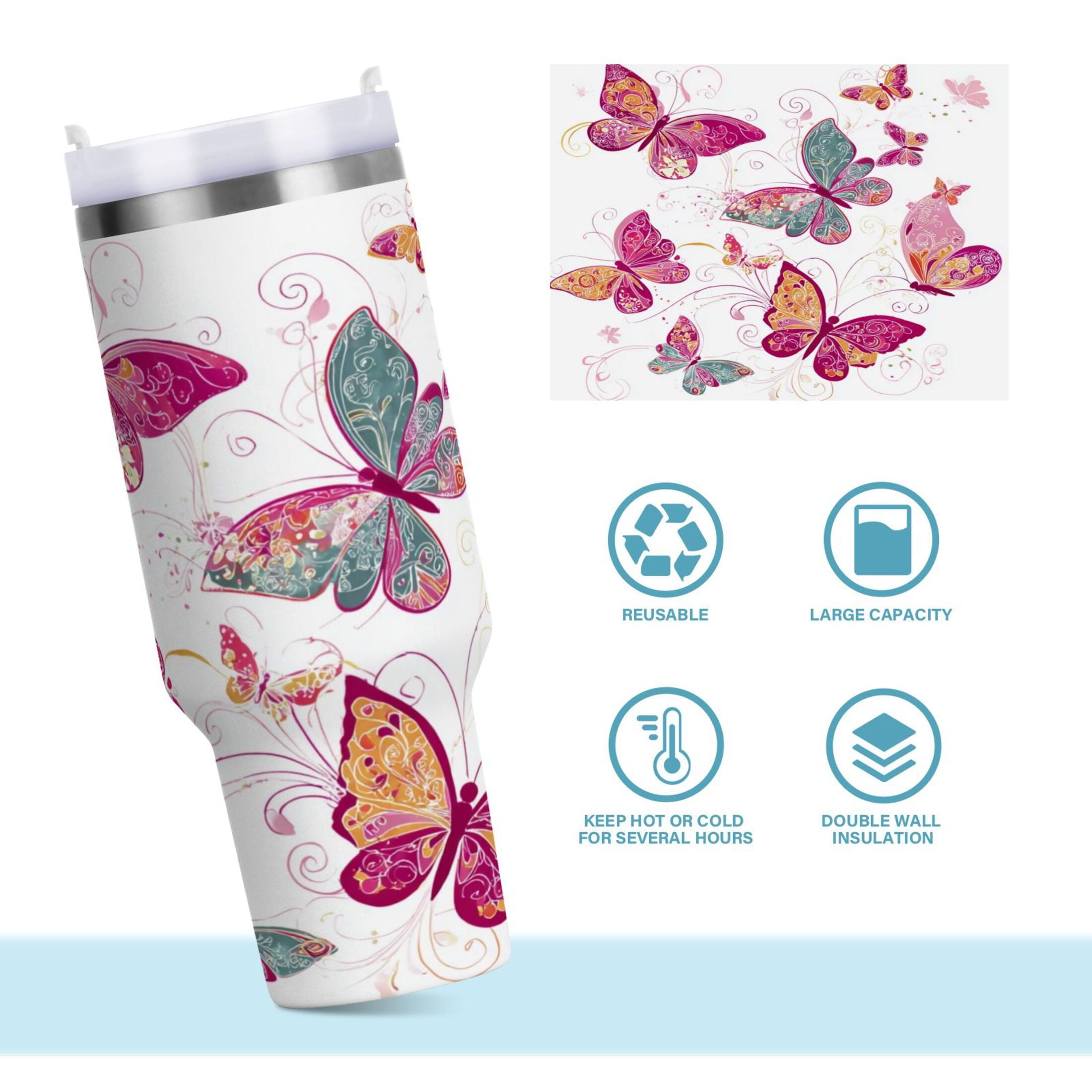 30 oz Insulated Stainless Steel Tumbler Double Wall Stainless Steel Tumbler with 2-Way Drinking Colorful Butterflies - Pick 547