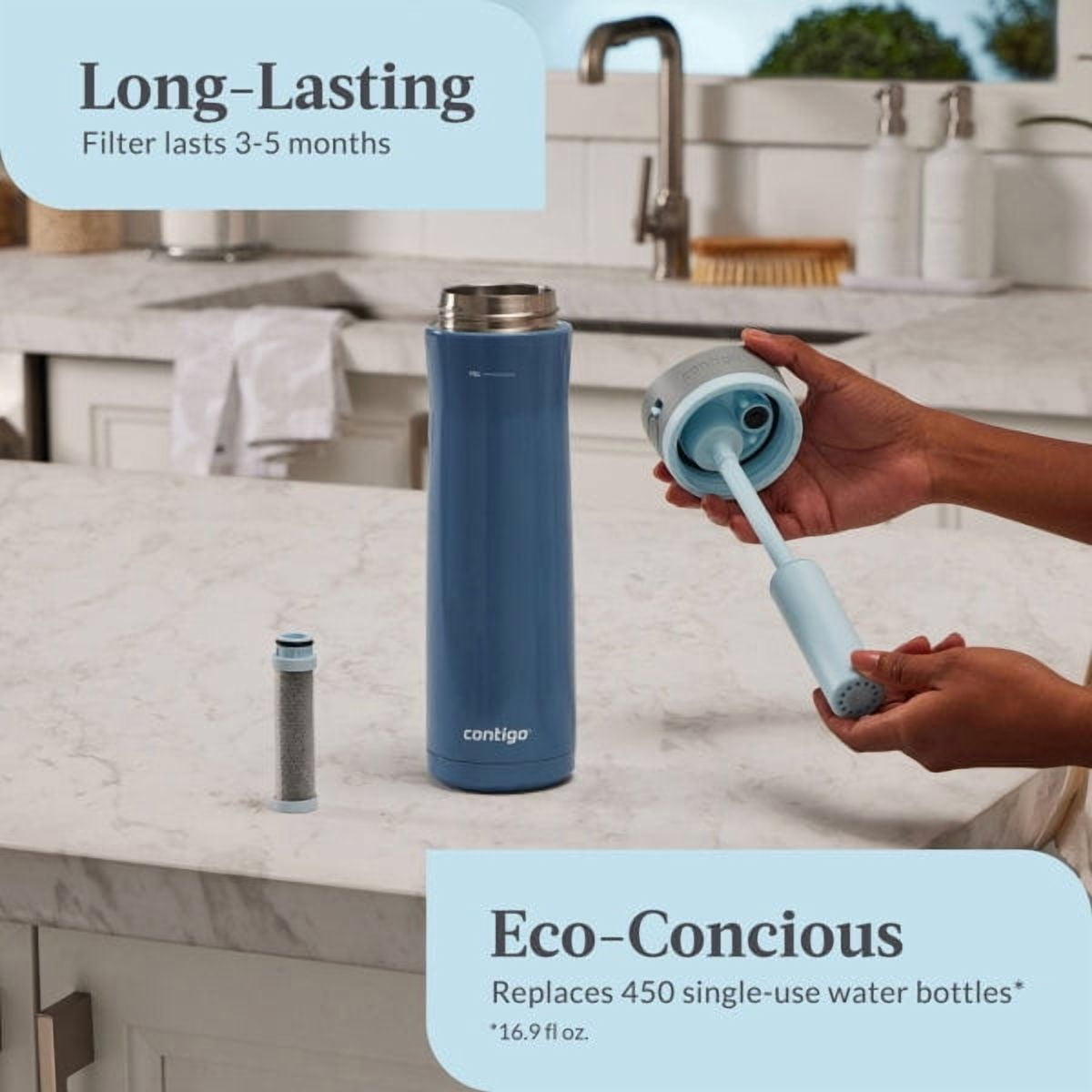Contigo 24 oz. Wells Chill Stainless Steel Filter Bottle w/ Filters - Dark Ice - Pick 260