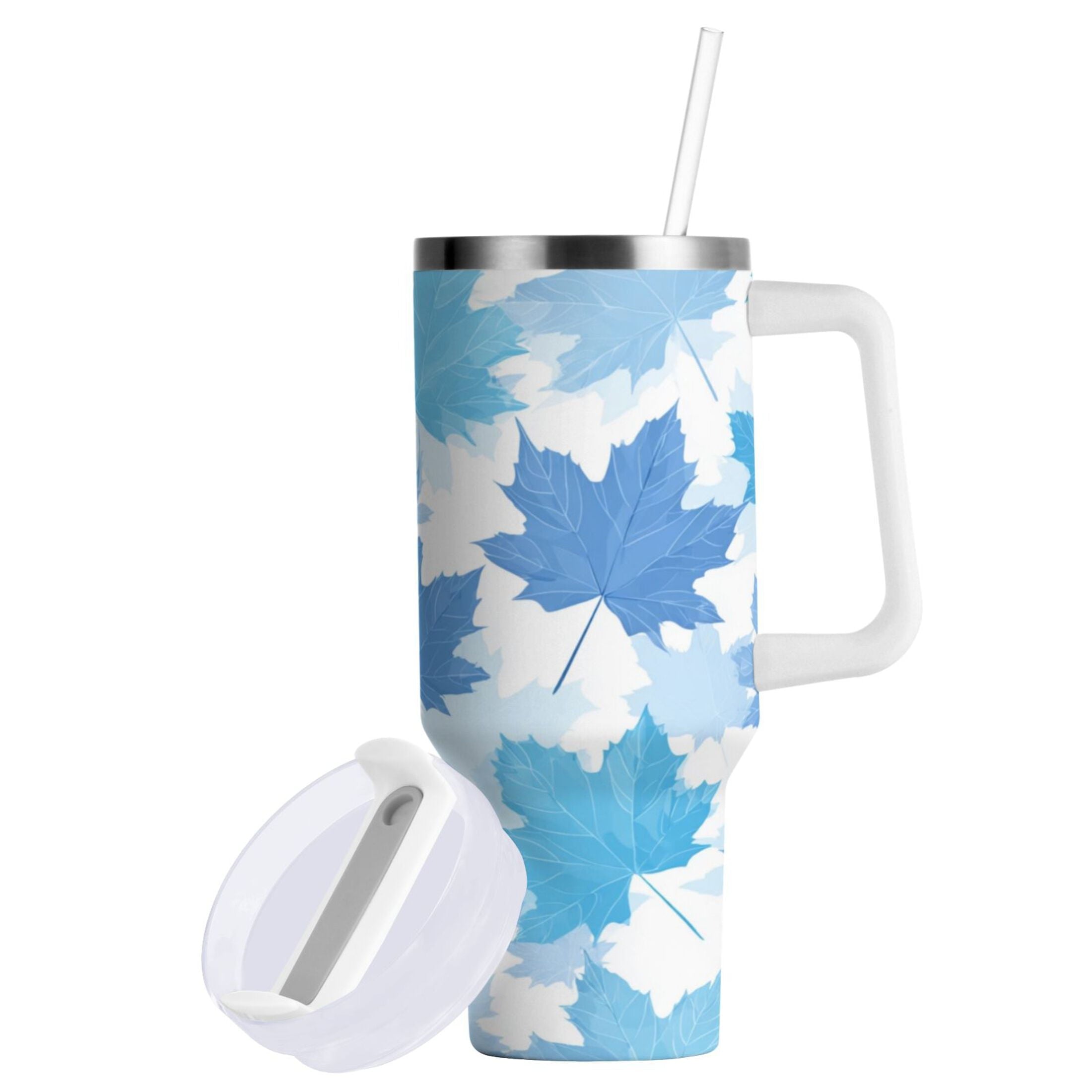 30 oz Insulated Stainless Steel Tumbler Double Wall Stainless Steel Tumbler with 2-Way Drinking Light Blue Maple Leaves - Pick 330