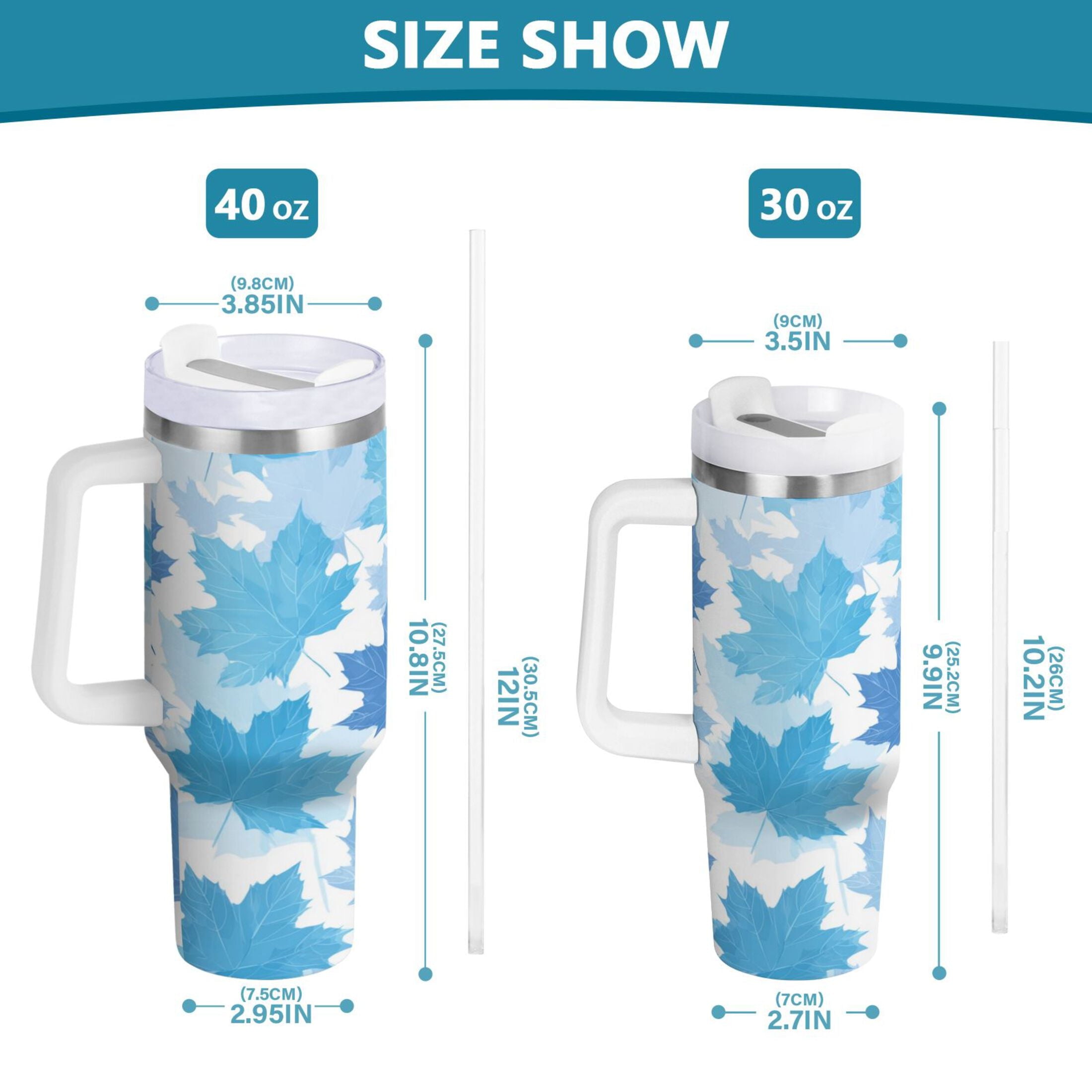 30 oz Insulated Stainless Steel Tumbler Double Wall Stainless Steel Tumbler with 2-Way Drinking Light Blue Maple Leaves - Pick 330