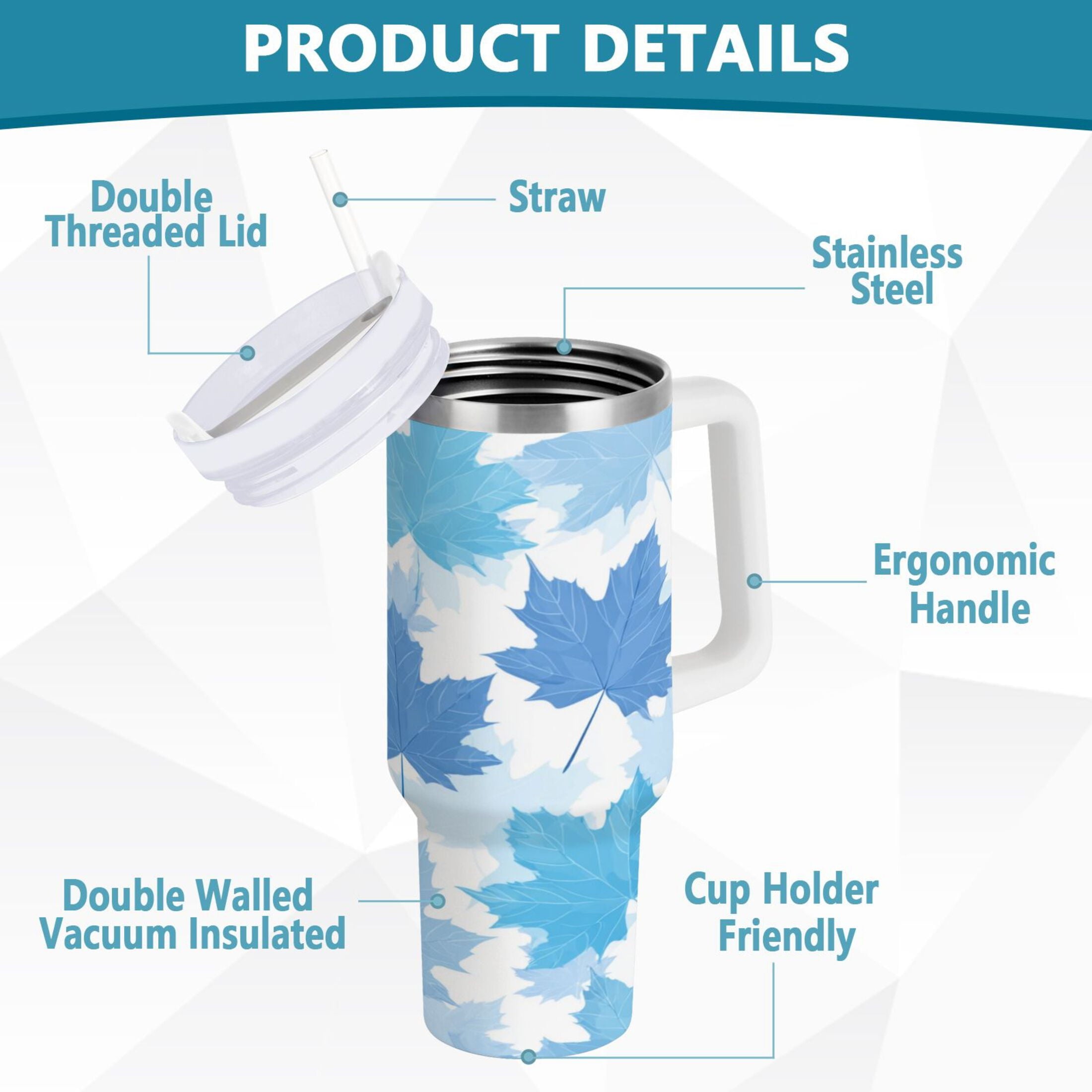 30 oz Insulated Stainless Steel Tumbler Double Wall Stainless Steel Tumbler with 2-Way Drinking Light Blue Maple Leaves - Pick 330