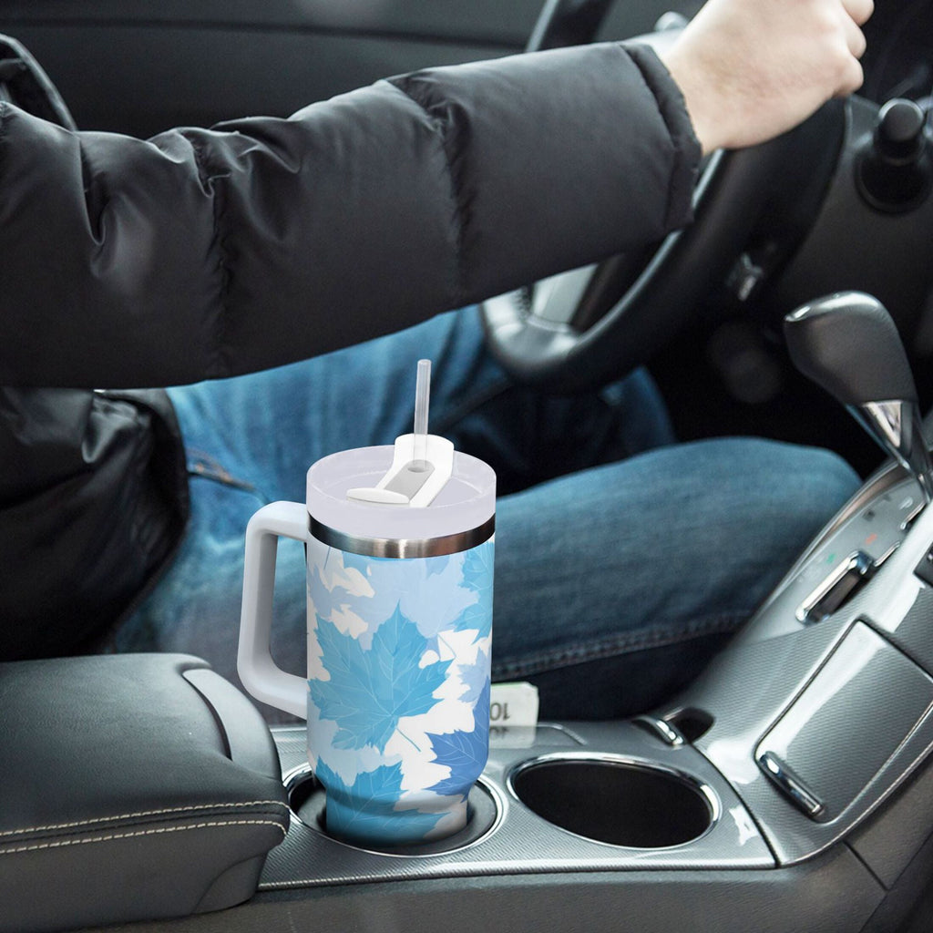 30 oz Insulated Stainless Steel Tumbler Double Wall Stainless Steel Tumbler with 2-Way Drinking Light Blue Maple Leaves - Pick 330