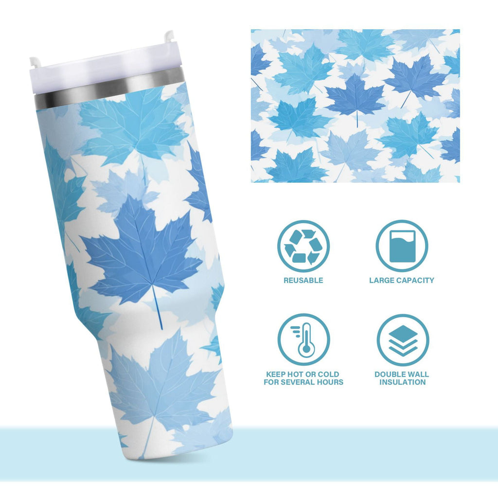 30 oz Insulated Stainless Steel Tumbler Double Wall Stainless Steel Tumbler with 2-Way Drinking Light Blue Maple Leaves - Pick 330