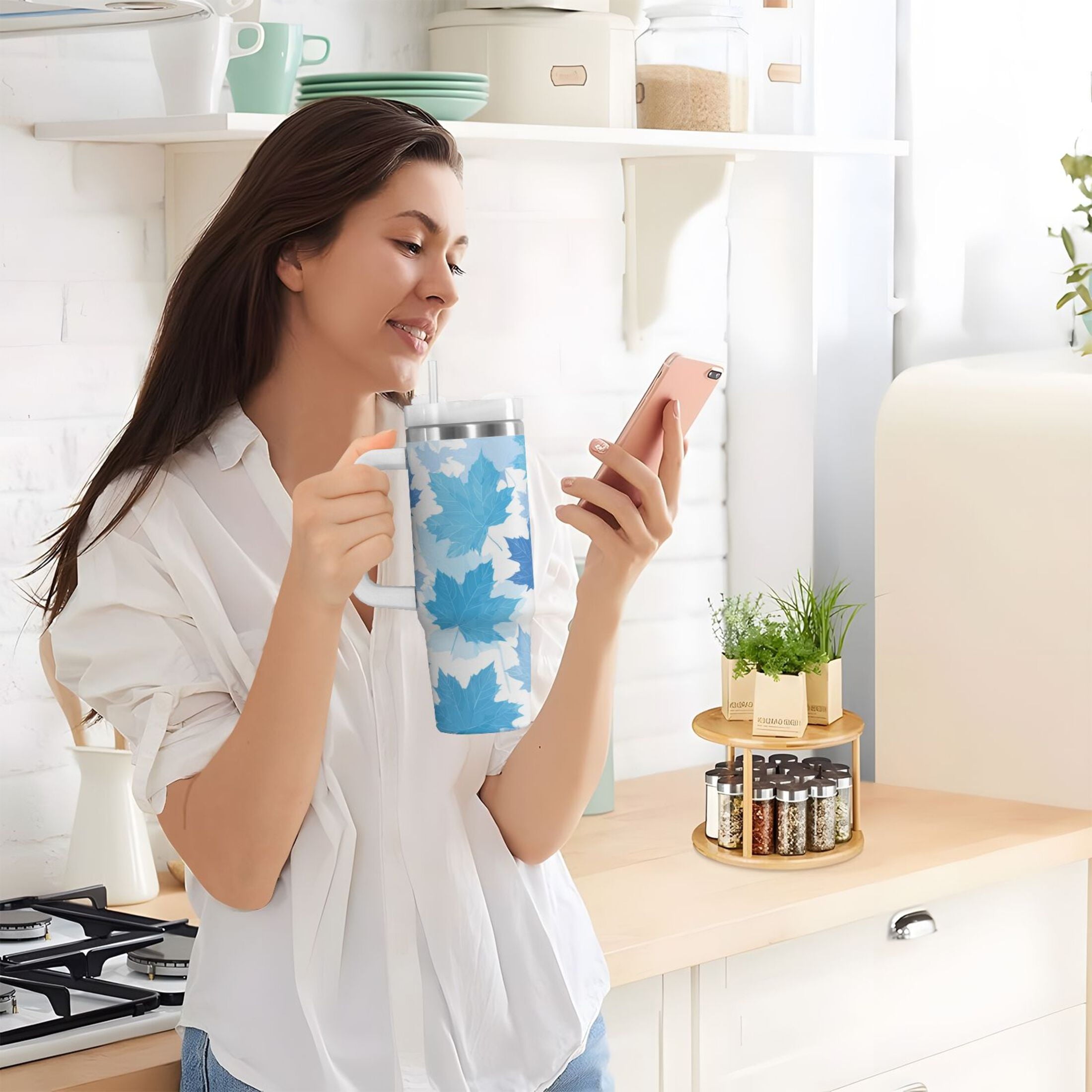30 oz Insulated Stainless Steel Tumbler Double Wall Stainless Steel Tumbler with 2-Way Drinking Light Blue Maple Leaves - Pick 330