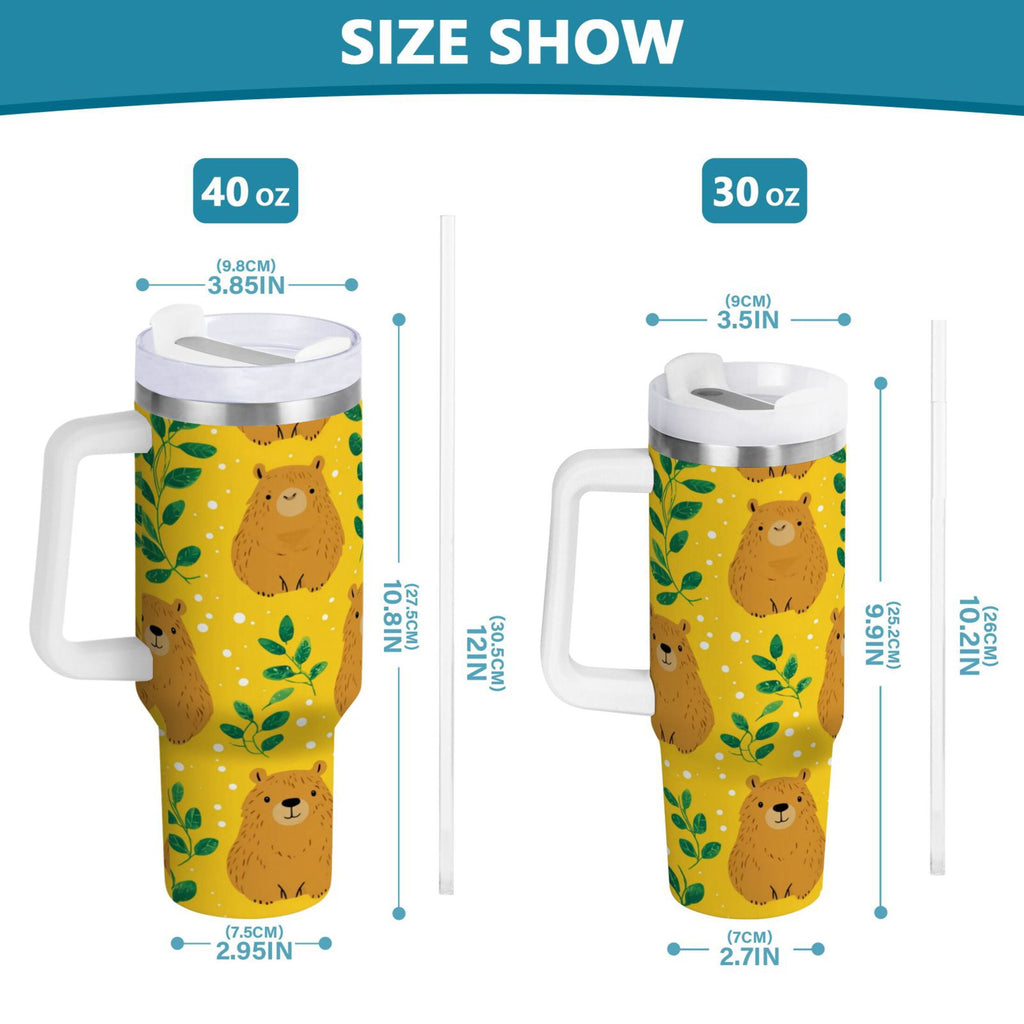 30 oz Insulated Stainless Steel Tumbler Double Wall Stainless Steel Tumbler with 2-Way Drinking Capybara and Green Leaves - Pick 608