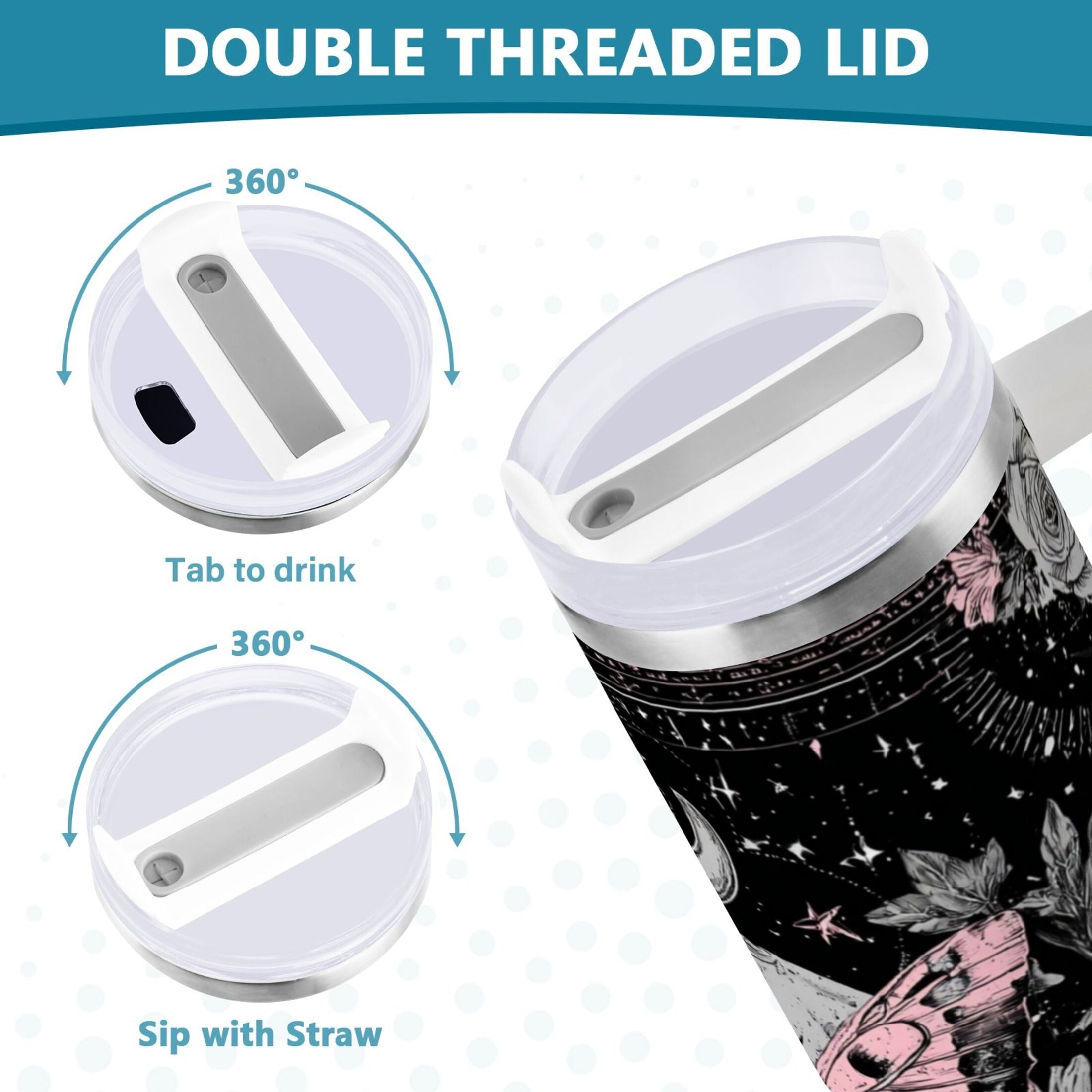 30 oz Insulated Stainless Steel Tumbler Double Wall Stainless Steel Tumbler with 2-Way Drinking Butterfly by Moon and Flowers - Pick 931