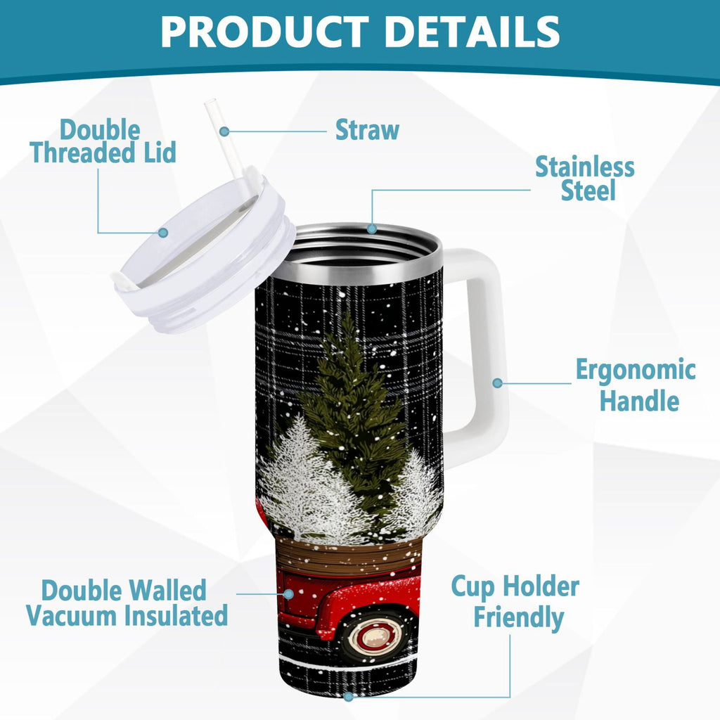 40 oz Insulated Stainless Steel Tumbler Double Wall Stainless Steel Tumbler with 2-Way Drinking Red Truck with Christmas Tree - Pick 636