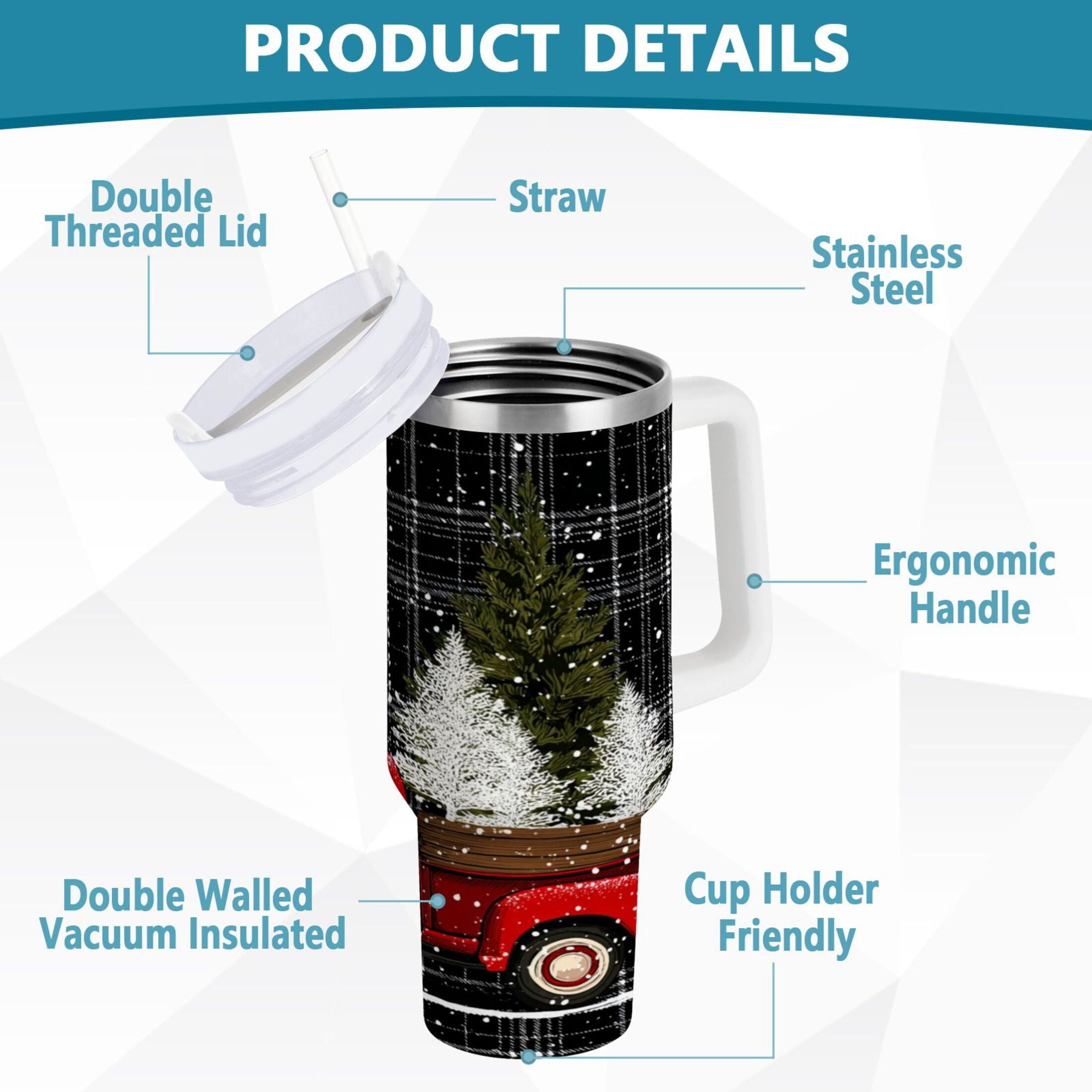 40 oz Insulated Stainless Steel Tumbler Double Wall Stainless Steel Tumbler with 2-Way Drinking Red Truck with Christmas Tree - Pick 636