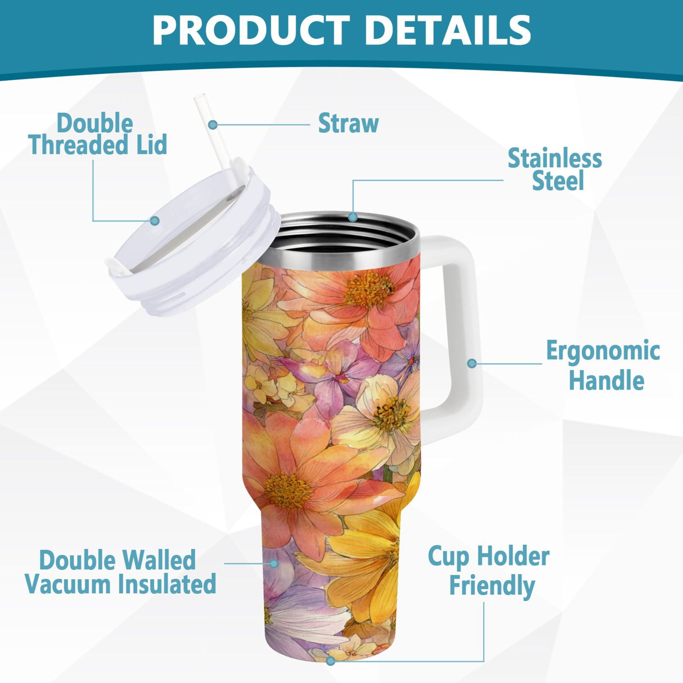 30 oz Insulated Stainless Steel Tumbler Double Wall Stainless Steel Tumbler with 2-Way Drinking Summer Blossoms - Pick 919