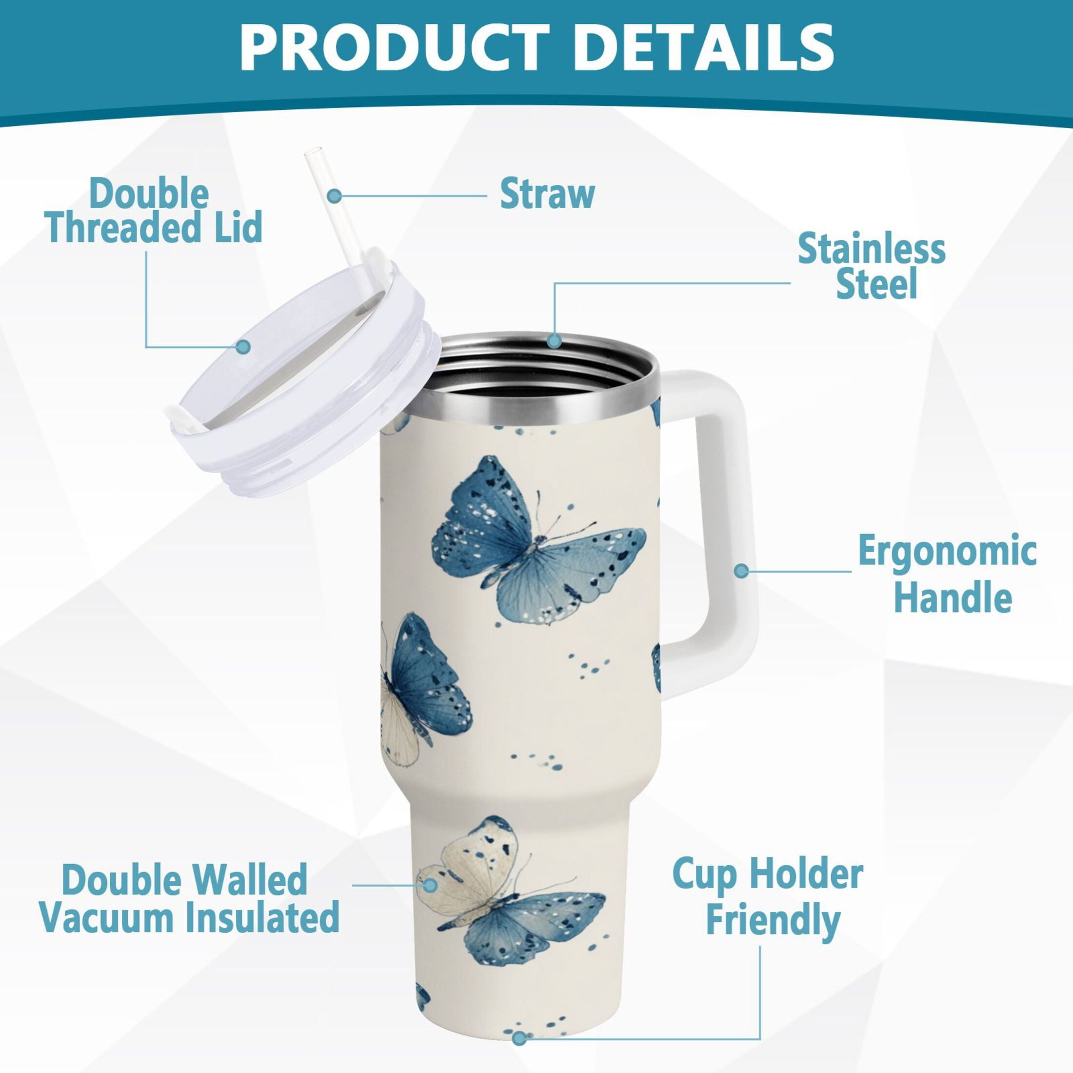 30 oz Insulated Stainless Steel Tumbler Double Wall Stainless Steel Tumbler with 2-Way Drinking Blue Watercolor Butterflies - Pick 444