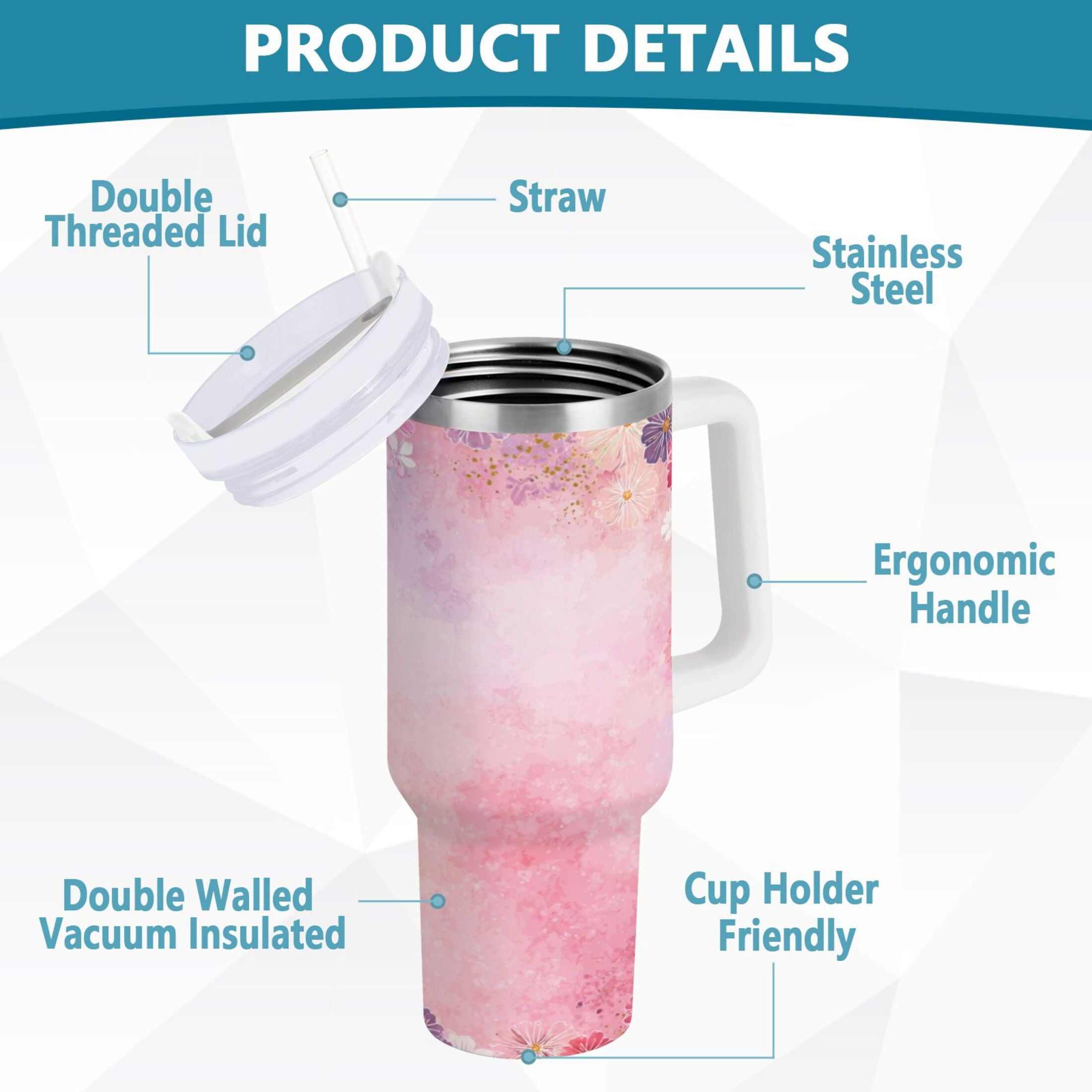 30 oz Insulated Stainless Steel Tumbler Double Wall Stainless Steel Tumbler with 2-Way Drinking Colorful Pastel Floral Pattern - Pick 927