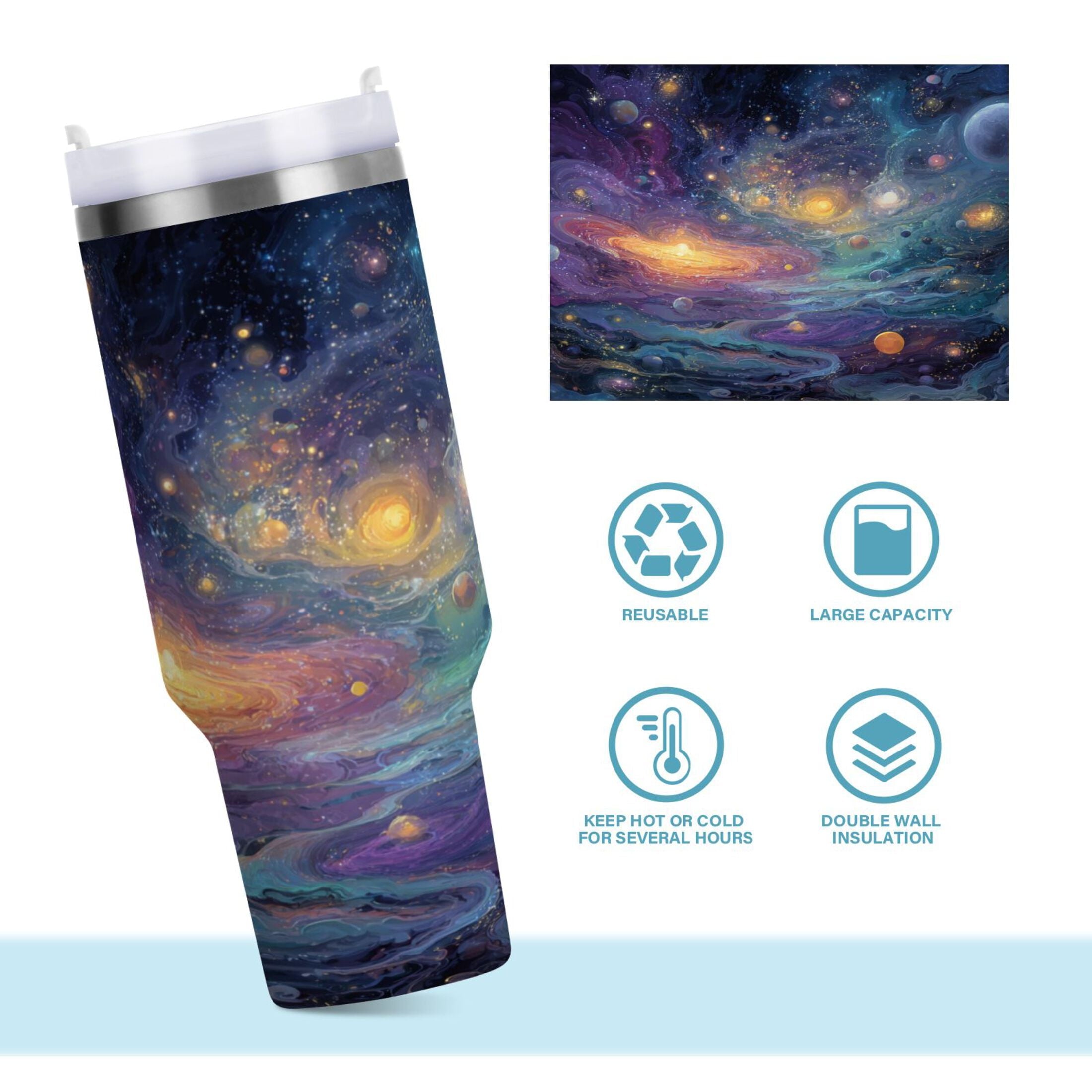 30 oz Insulated Stainless Steel Tumbler Double Wall Stainless Steel Tumbler with 2-Way Drinking Vibrant and Colorful Universe - Pick 689
