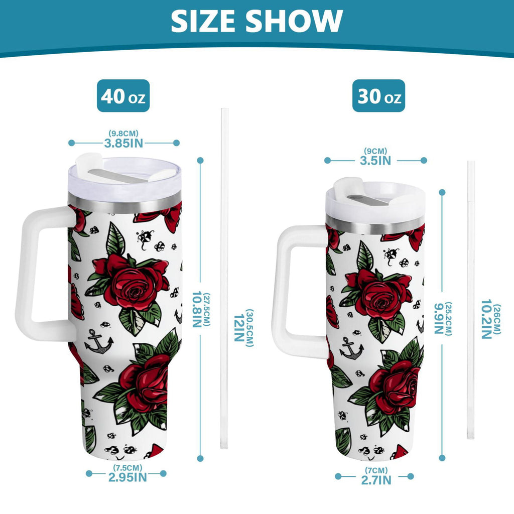 40 oz Insulated Stainless Steel Tumbler Double Wall Stainless Steel Tumbler with 2-Way Drinking Red Roses and Cherries - Pick 206