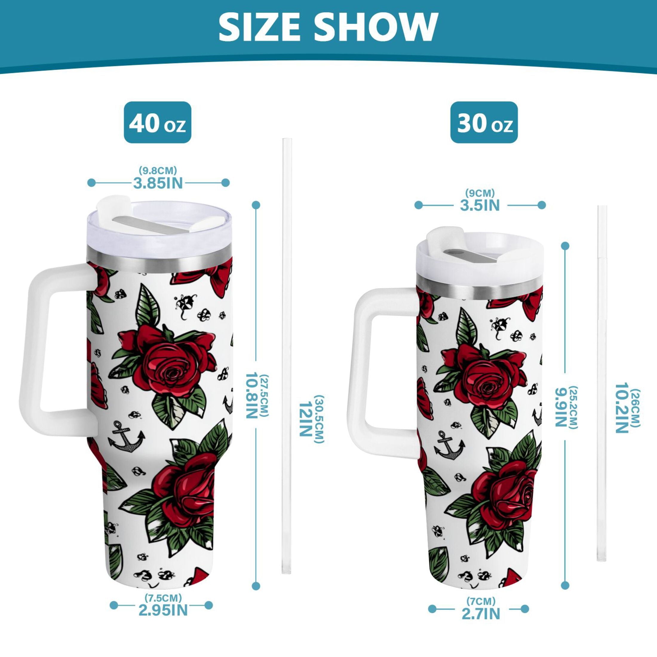 40 oz Insulated Stainless Steel Tumbler Double Wall Stainless Steel Tumbler with 2-Way Drinking Red Roses and Cherries - Pick 206