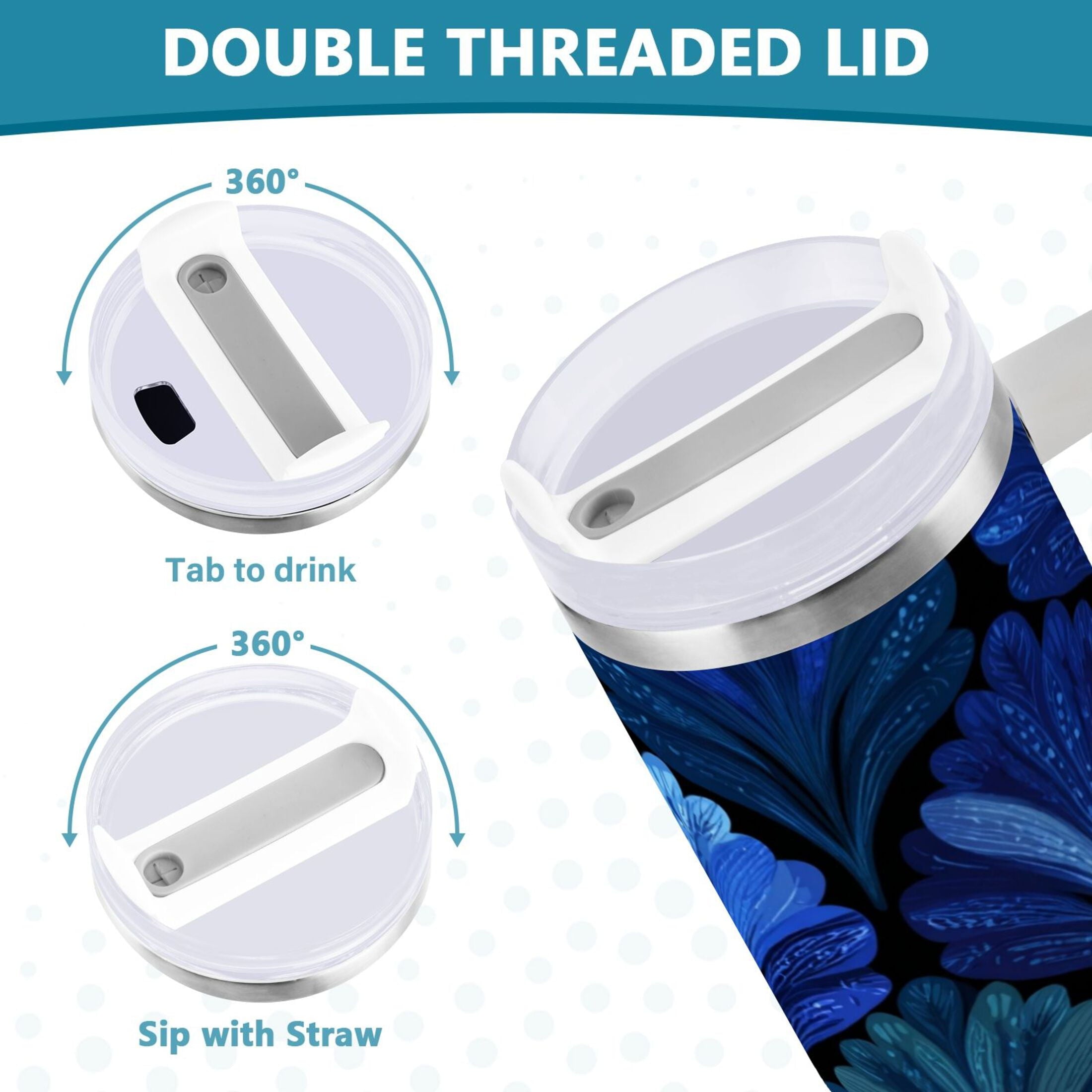 30 oz Insulated Stainless Steel Tumbler Double Wall Stainless Steel Tumbler with 2-Way Drinking Blue Batik Leaves Pattern - Pick 501