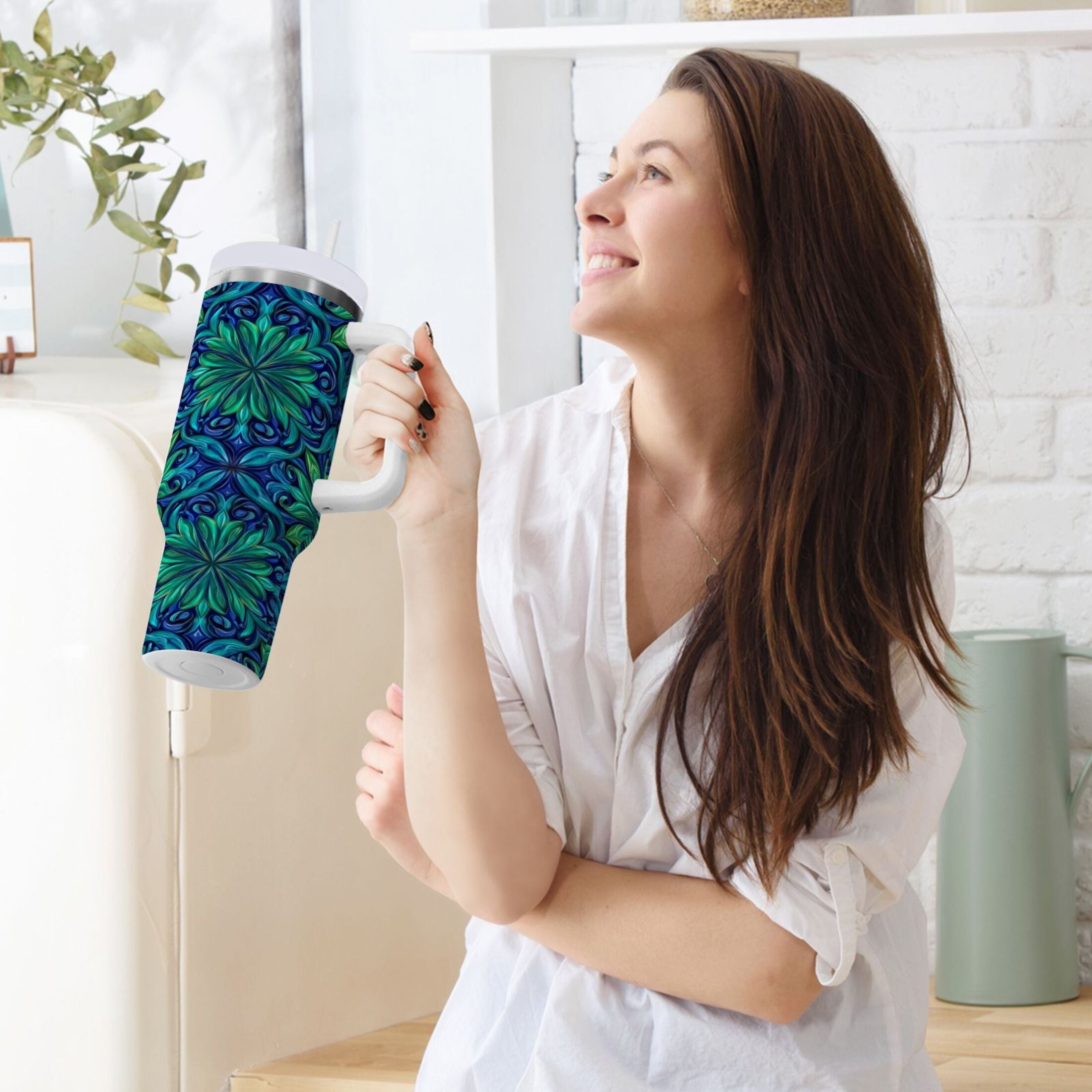40 oz Insulated Stainless Steel Tumbler Double Wall Stainless Steel Tumbler with 2-Way Drinking Elegant Blue Traditional Patterns - Pick 761