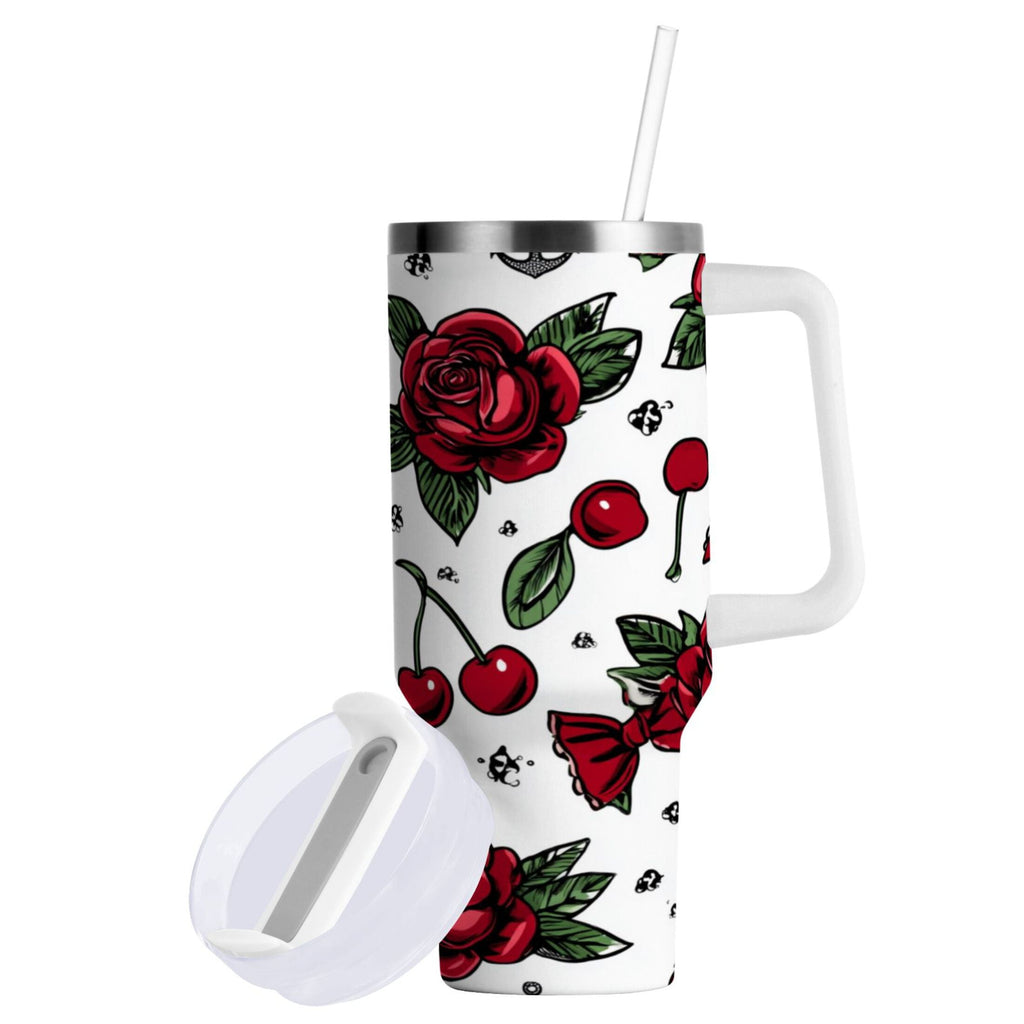 40 oz Insulated Stainless Steel Tumbler Double Wall Stainless Steel Tumbler with 2-Way Drinking Red Roses and Cherries - Pick 206