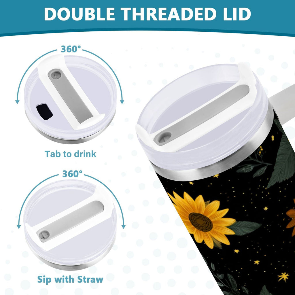 30 oz Insulated Stainless Steel Tumbler Double Wall Stainless Steel Tumbler with 2-Way Drinking Yellow Sunflower Pattern - Pick 808