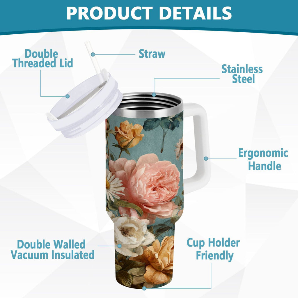 30 oz Insulated Stainless Steel Tumbler Double Wall Stainless Steel Tumbler with 2-Way Drinking Vintage Roses and Peonies - Pick 391