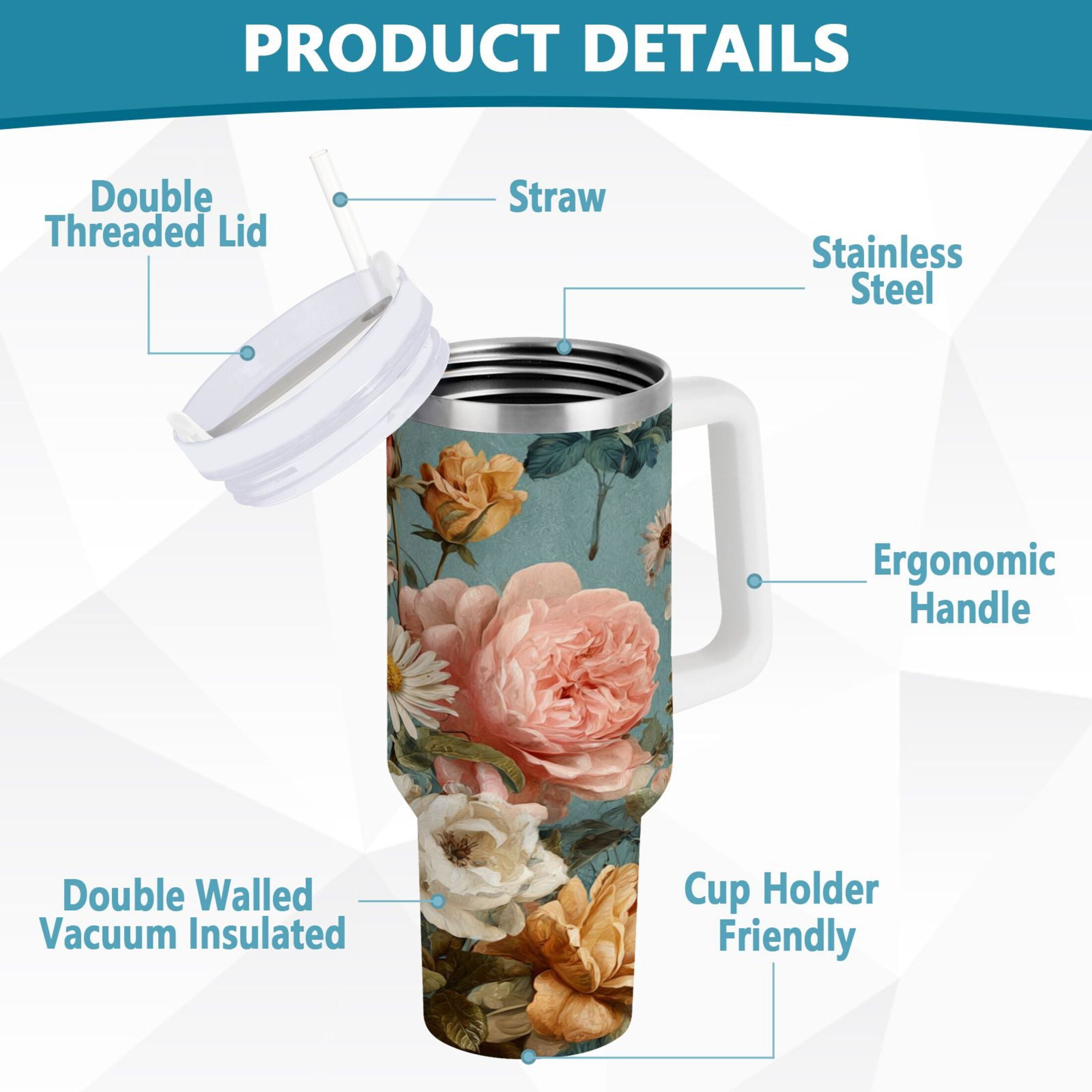 30 oz Insulated Stainless Steel Tumbler Double Wall Stainless Steel Tumbler with 2-Way Drinking Vintage Roses and Peonies - Pick 391