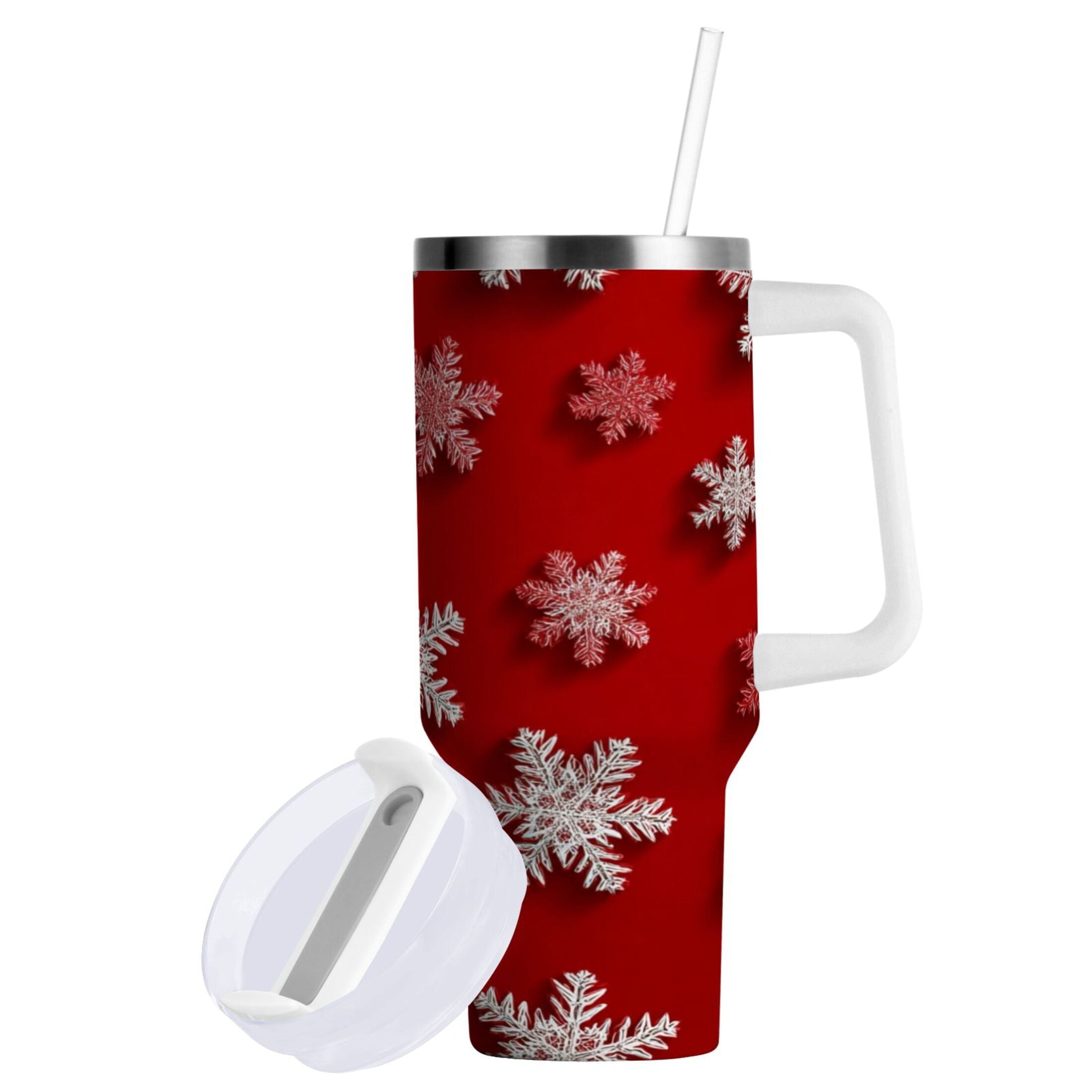 30 oz Insulated Stainless Steel Tumbler Double Wall Stainless Steel Tumbler with 2-Way Drinking Red and White Snowflakes - Pick 918