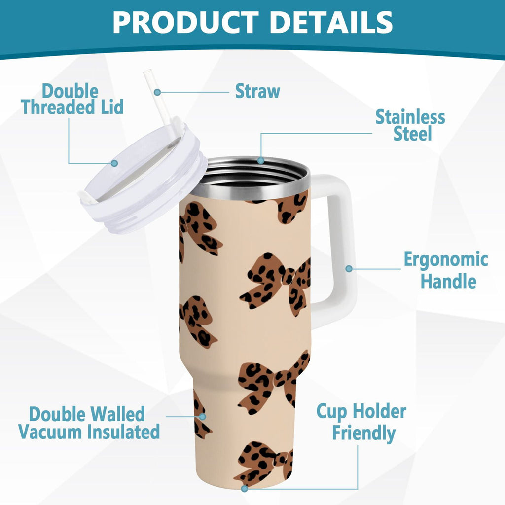 30 oz Insulated Stainless Steel Tumbler Double Wall Stainless Steel Tumbler with 2-Way Drinking Cute Brown Bow - Pick 387
