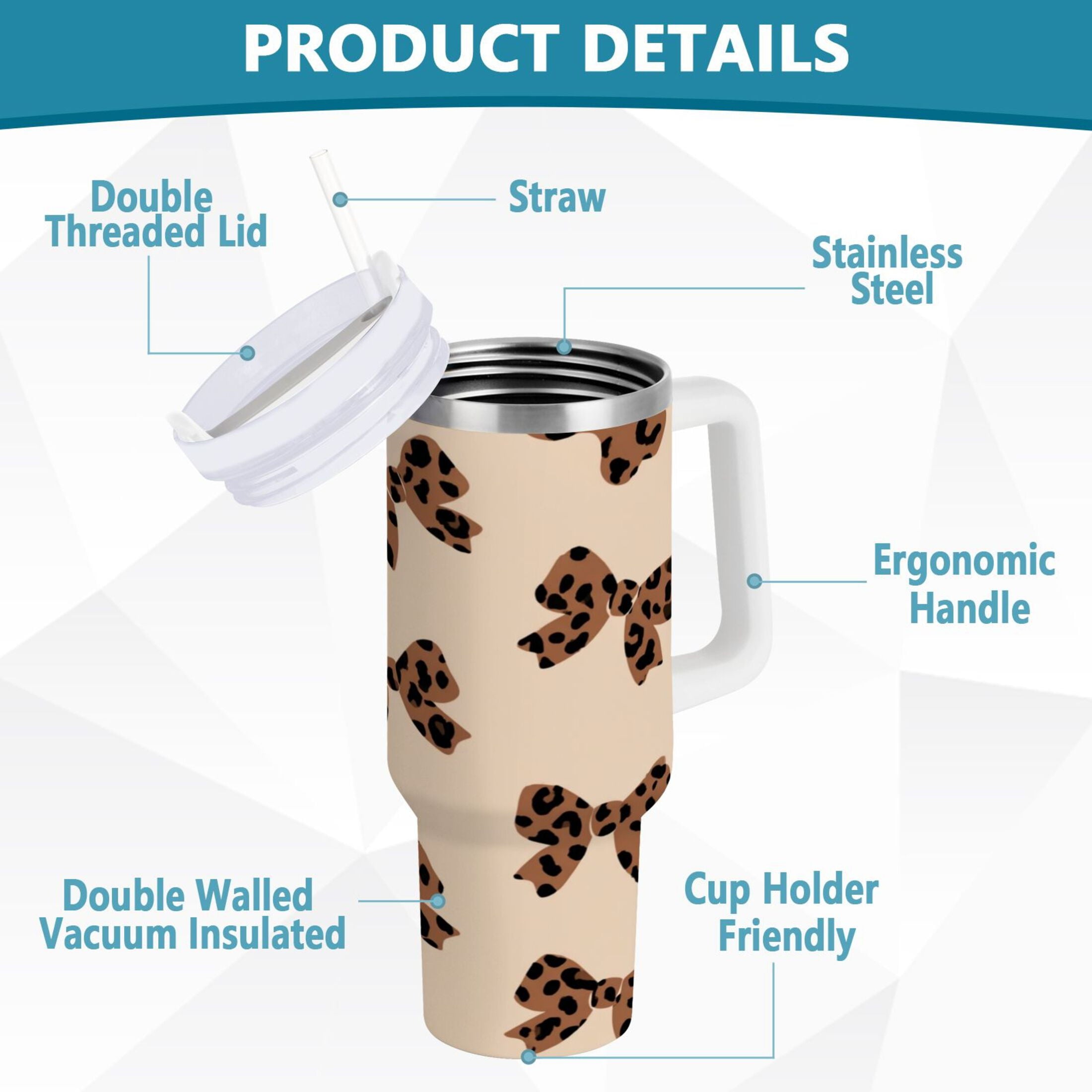 30 oz Insulated Stainless Steel Tumbler Double Wall Stainless Steel Tumbler with 2-Way Drinking Cute Brown Bow - Pick 387