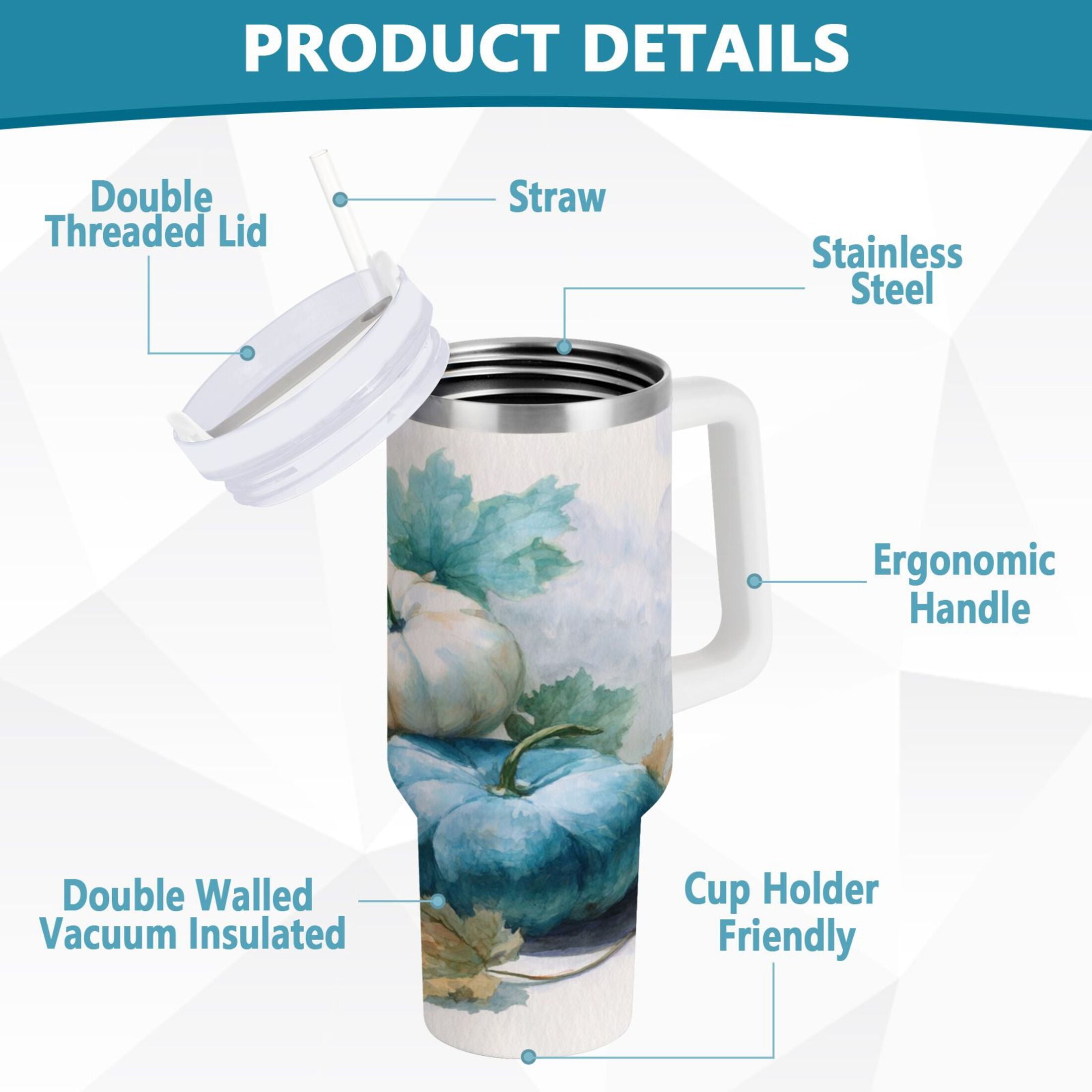 40 oz Insulated Stainless Steel Tumbler Double Wall Stainless Steel Tumbler with 2-Way Drinking Watercolor Pumpkins and Leaves - Pick 977