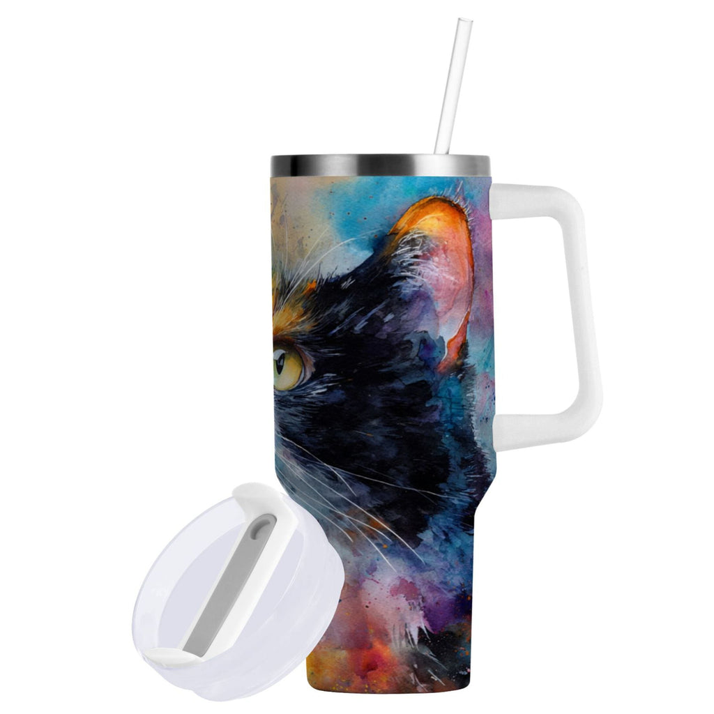 30 oz Insulated Stainless Steel Tumbler Double Wall Stainless Steel Tumbler with 2-Way Drinking Watercolor Calico Cat - Pick 988