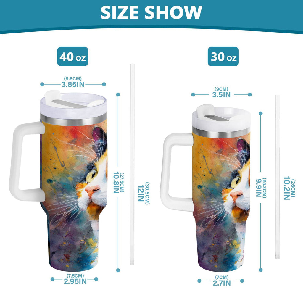 30 oz Insulated Stainless Steel Tumbler Double Wall Stainless Steel Tumbler with 2-Way Drinking Watercolor Calico Cat - Pick 988