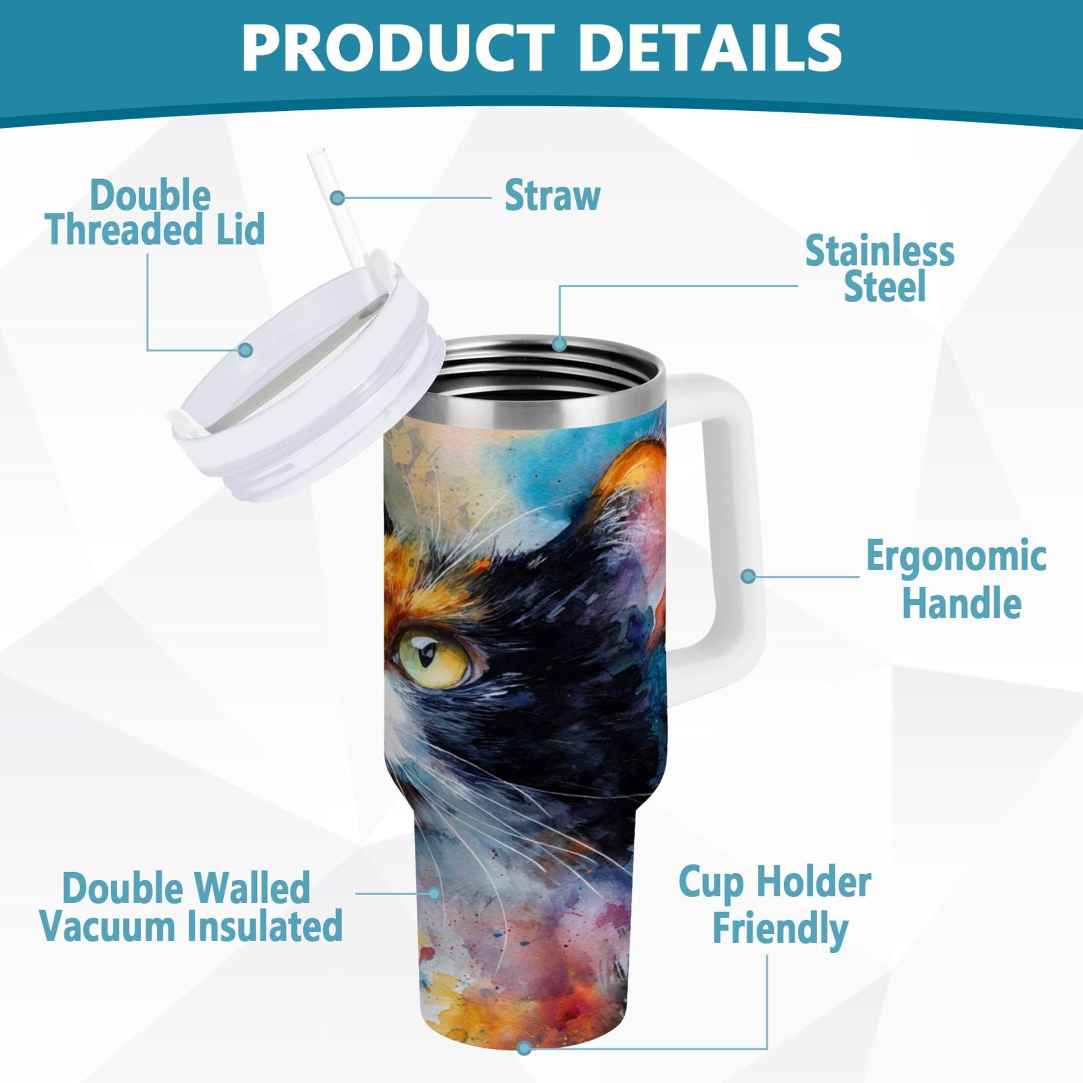 30 oz Insulated Stainless Steel Tumbler Double Wall Stainless Steel Tumbler with 2-Way Drinking Watercolor Calico Cat - Pick 988