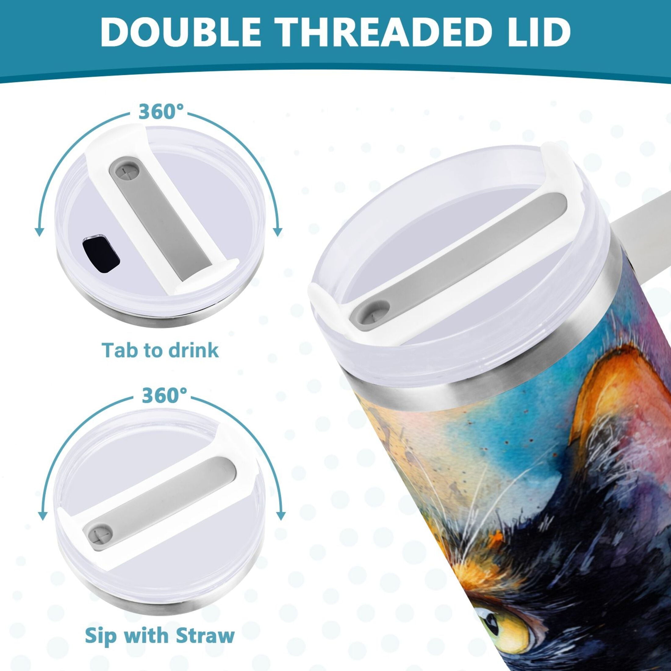 30 oz Insulated Stainless Steel Tumbler Double Wall Stainless Steel Tumbler with 2-Way Drinking Watercolor Calico Cat - Pick 988