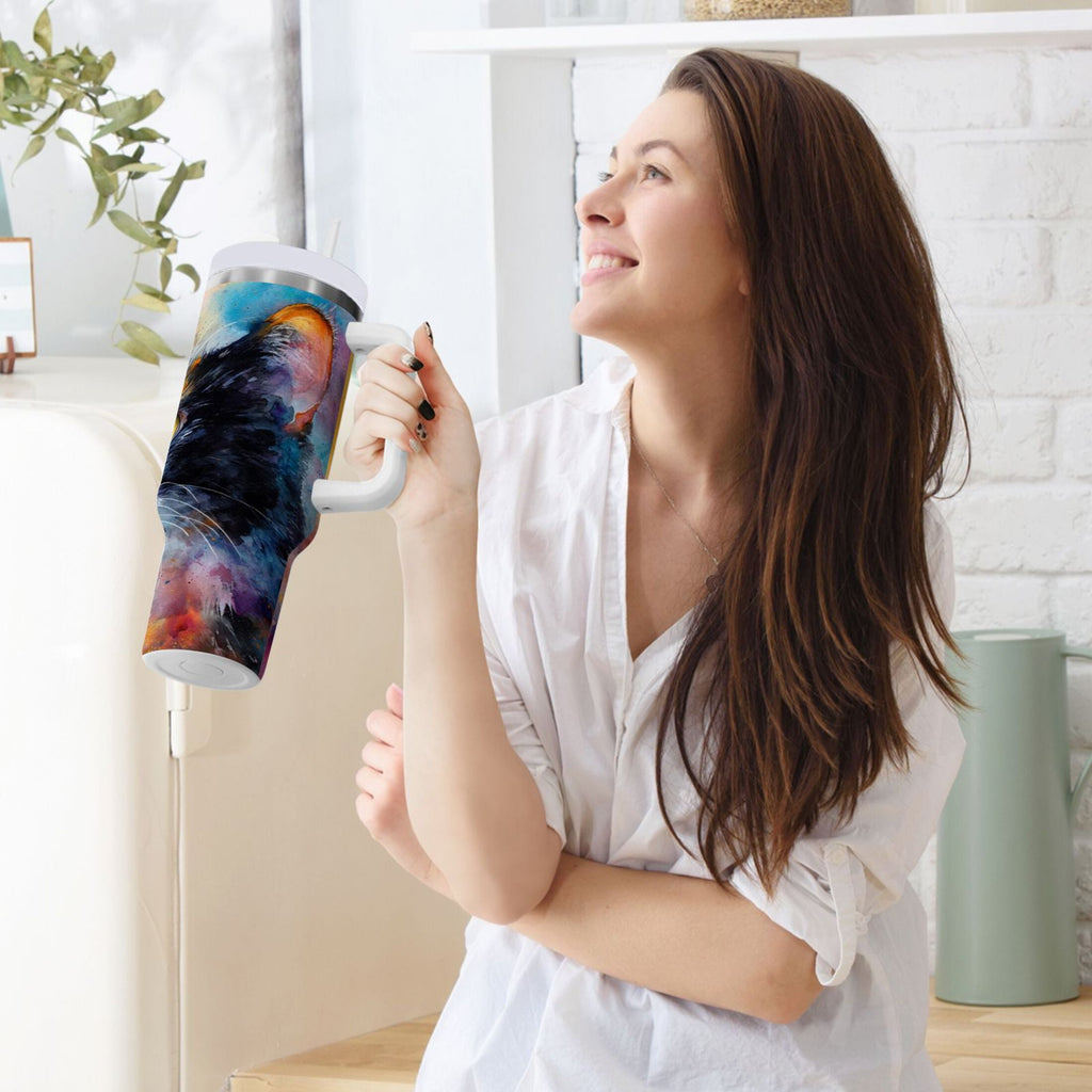 30 oz Insulated Stainless Steel Tumbler Double Wall Stainless Steel Tumbler with 2-Way Drinking Watercolor Calico Cat - Pick 988