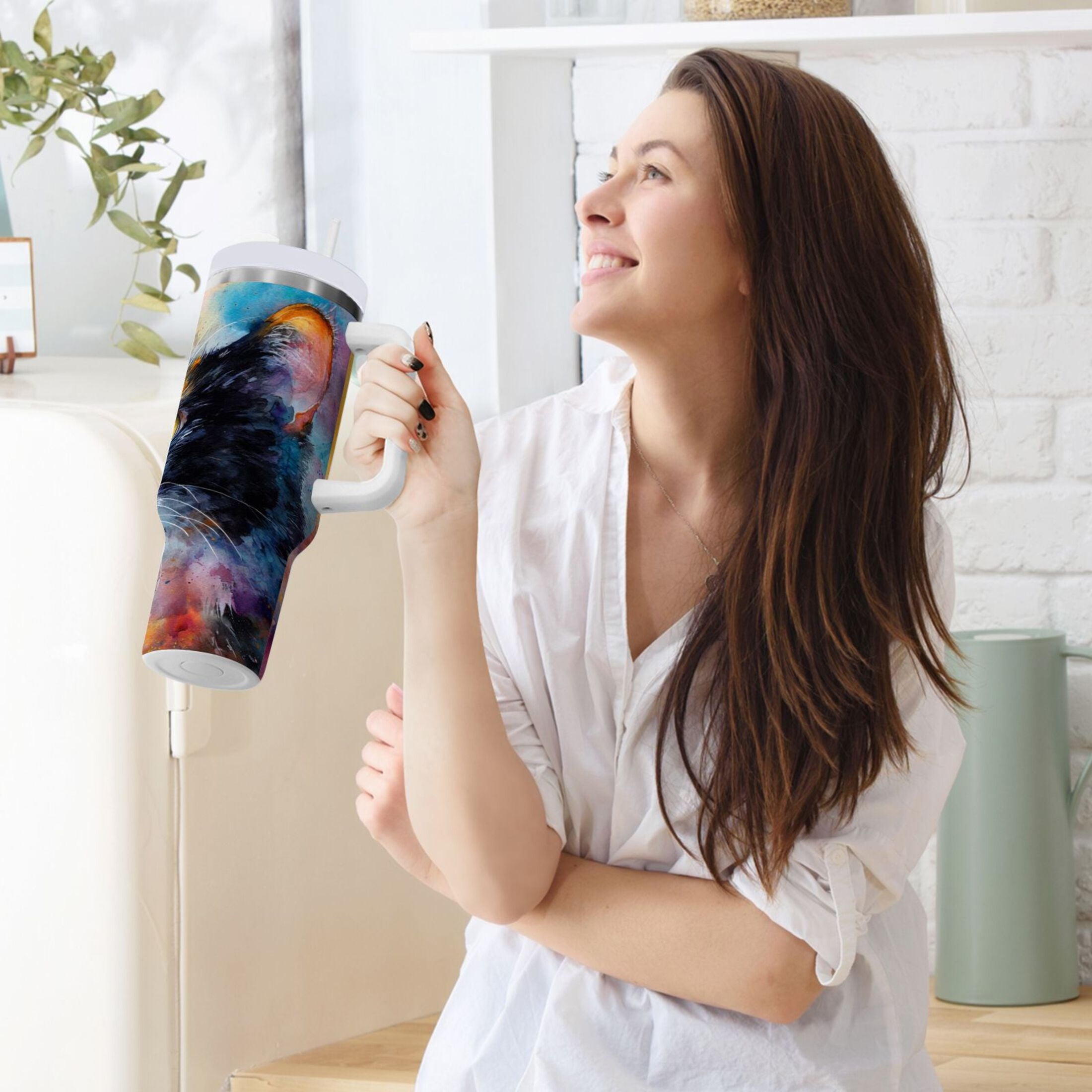 30 oz Insulated Stainless Steel Tumbler Double Wall Stainless Steel Tumbler with 2-Way Drinking Watercolor Calico Cat - Pick 988