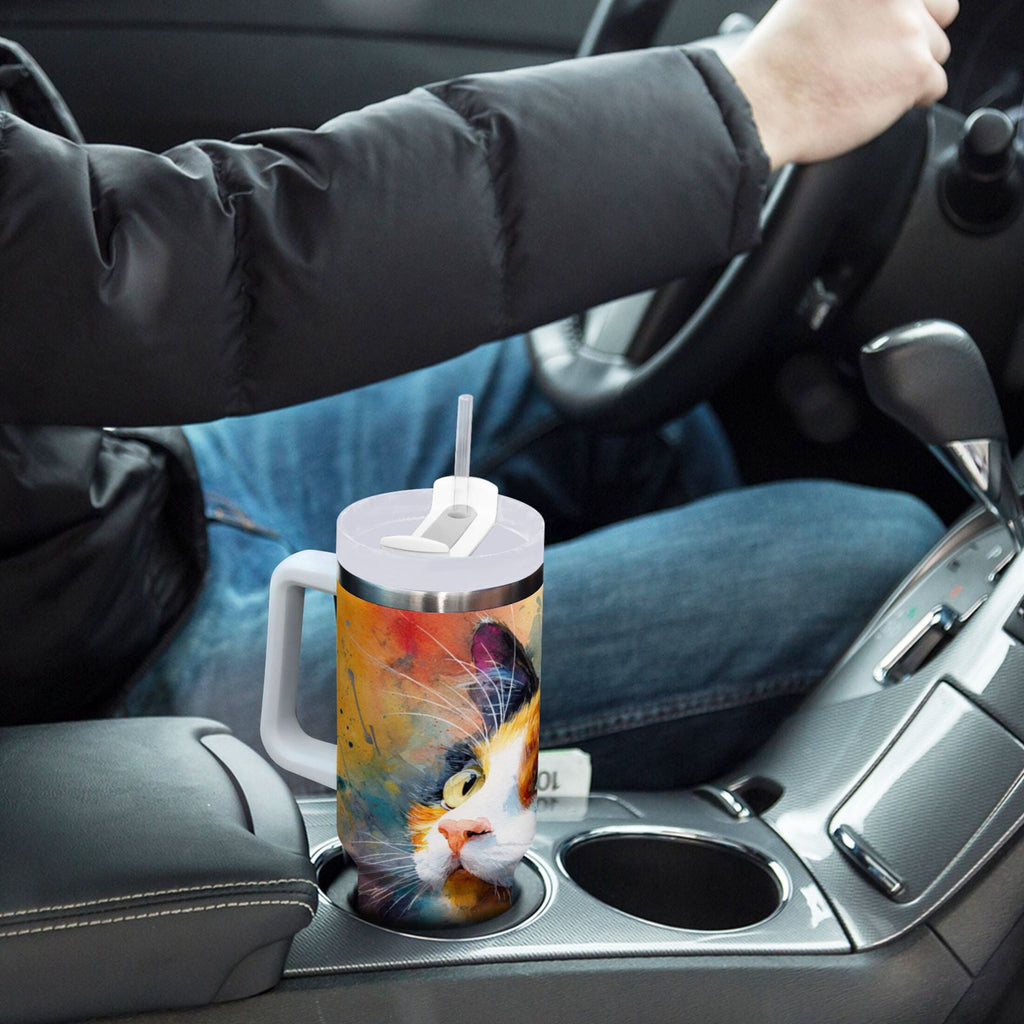 30 oz Insulated Stainless Steel Tumbler Double Wall Stainless Steel Tumbler with 2-Way Drinking Watercolor Calico Cat - Pick 988